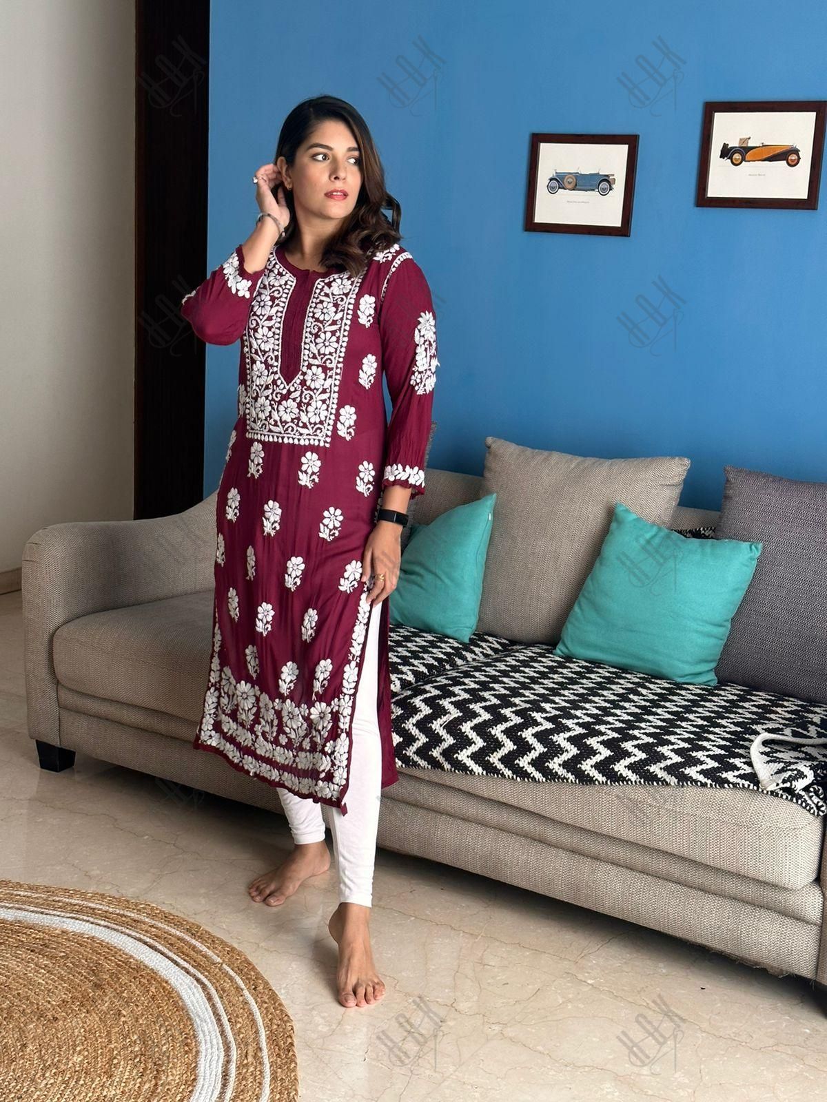 Pooja Gor in Premium Hand Embroidery Chikankari Kurta Modal Cotton- Maroon - House Of Kari (Chikankari Clothing)