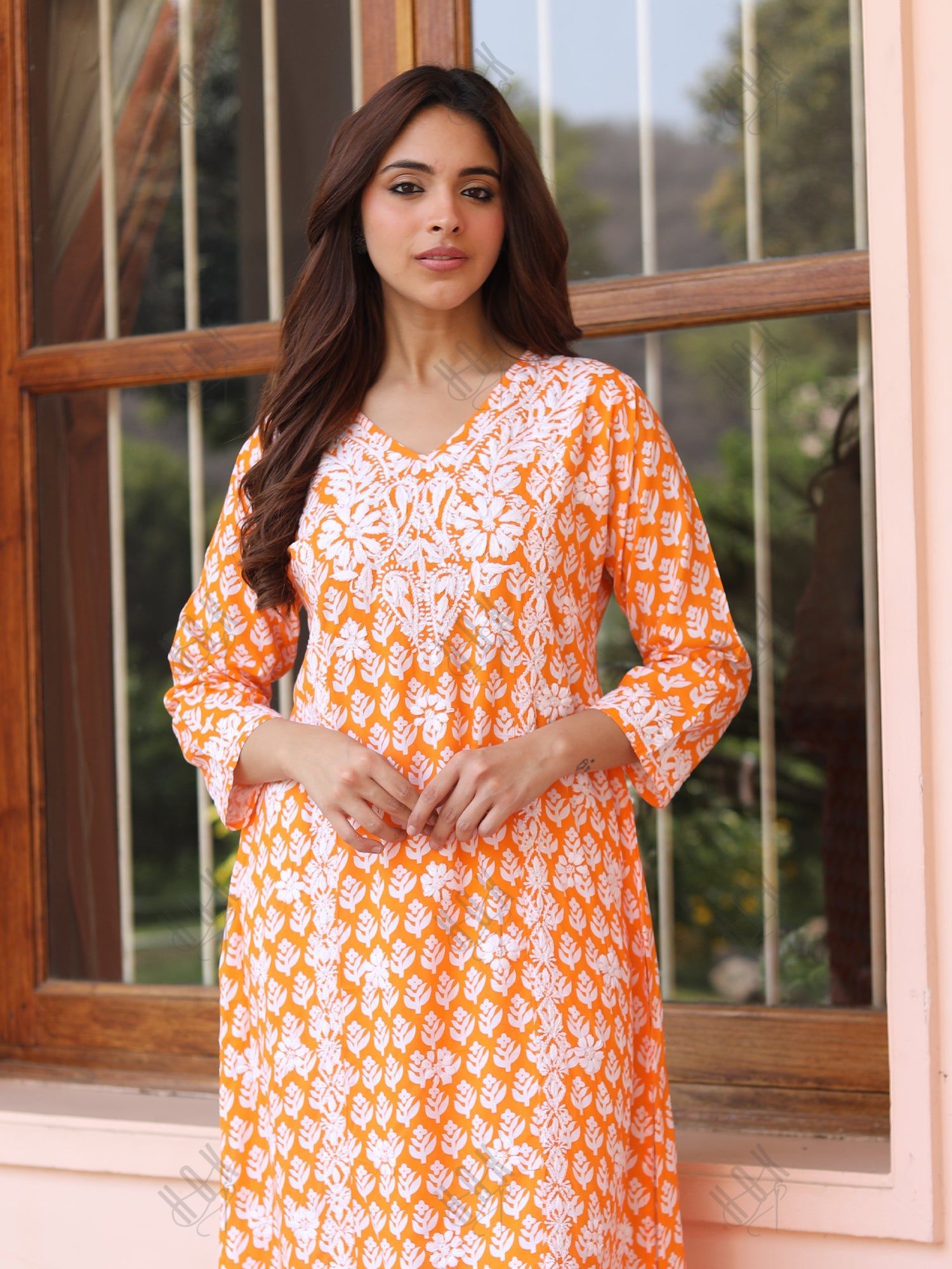 Saba Chikankari Kurta in Muslin - Orange