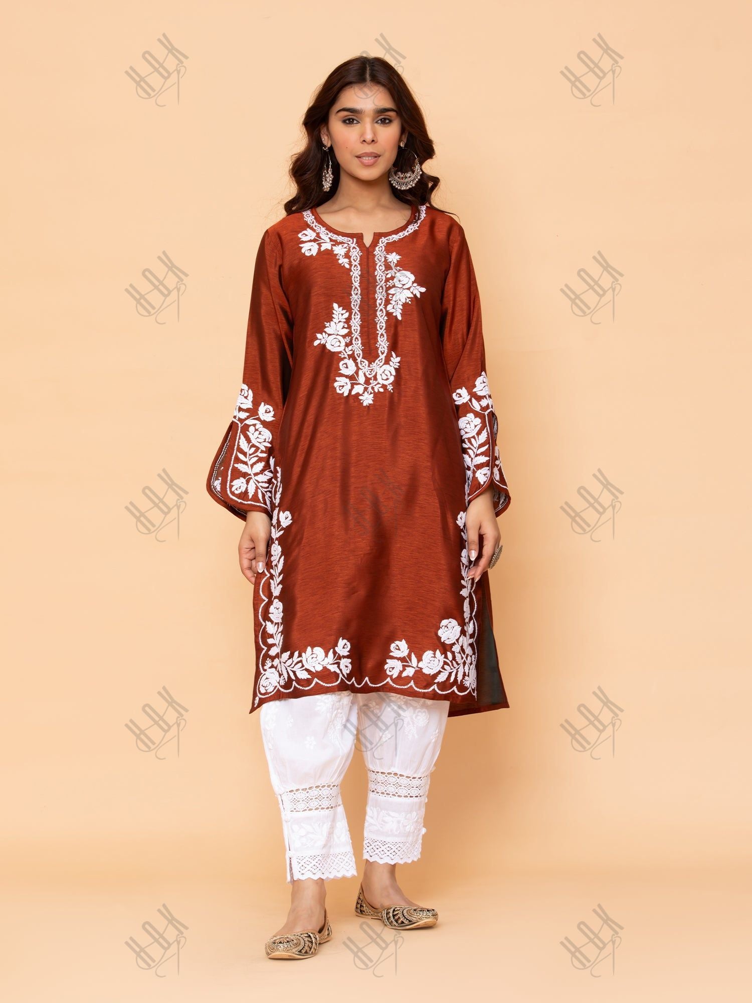 Saba Chikankari Long Kurta in Barfi Silk - Chutney