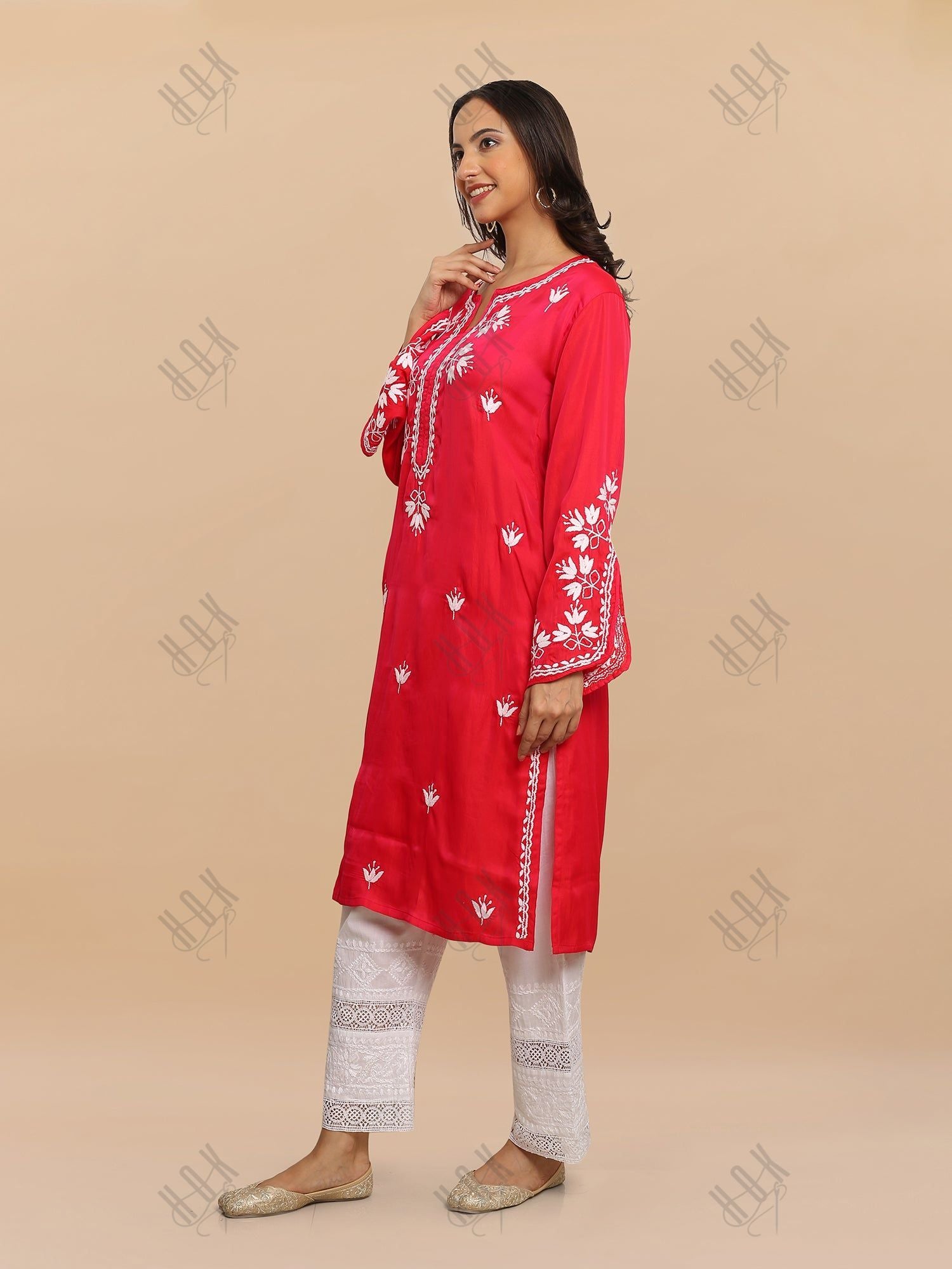 Saba Chikankari Long Kurta in Barfi Silk - Red