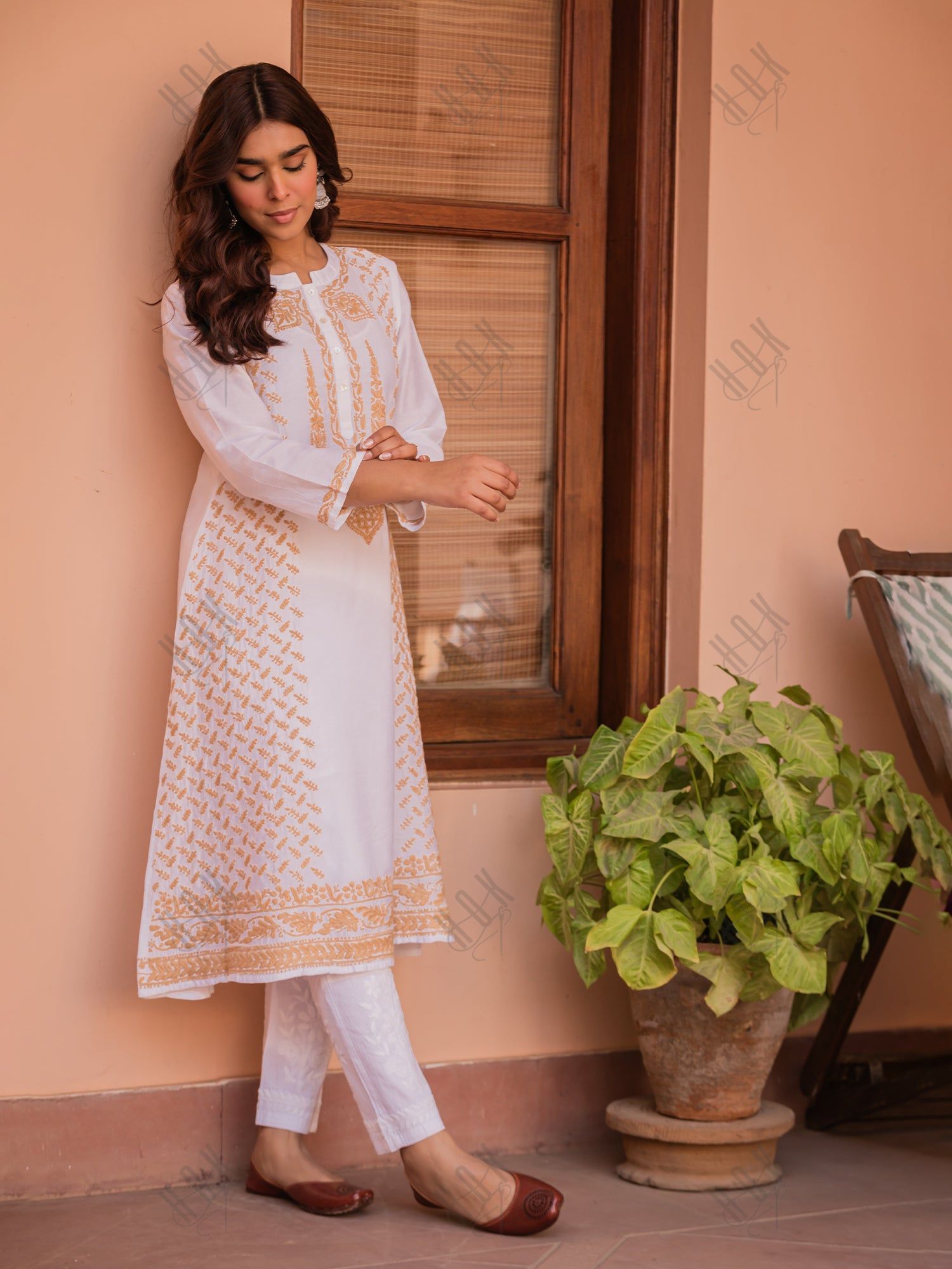 Saba Chikankari Long Kurta in Chanderi Silk with Beige