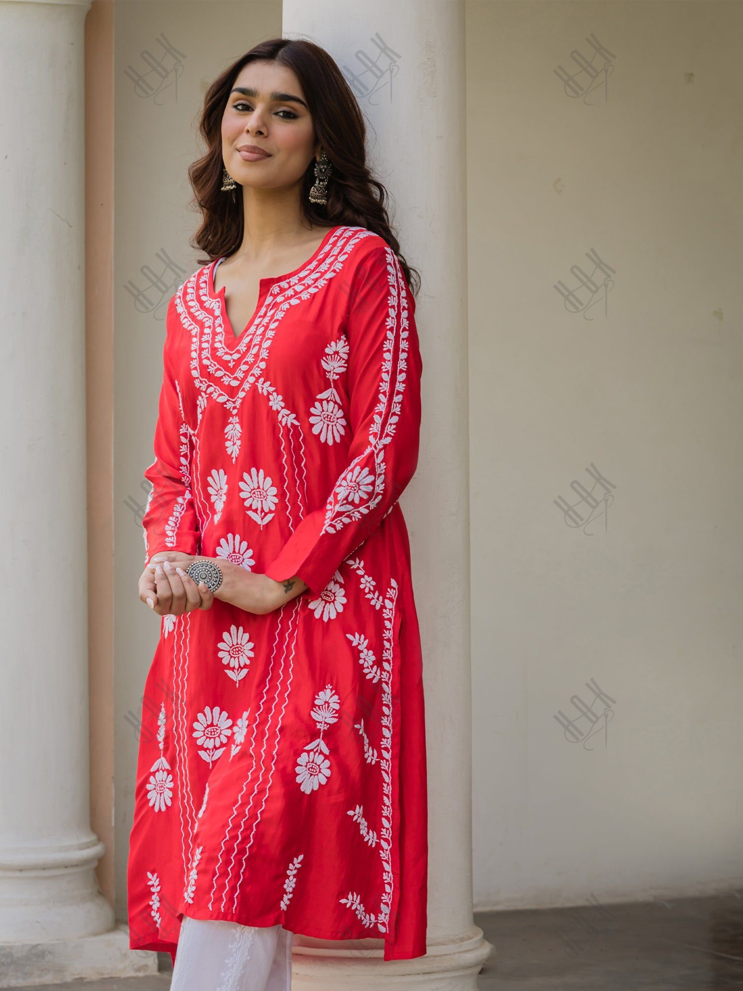 Saba Chikankari Long Kurta in Barfi Silk - Red