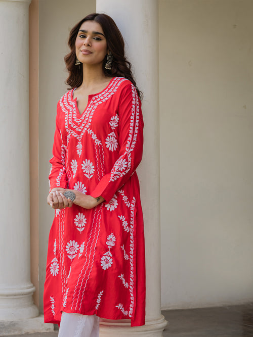 Saba Chikankari Kurta in Barfi Silk - Red