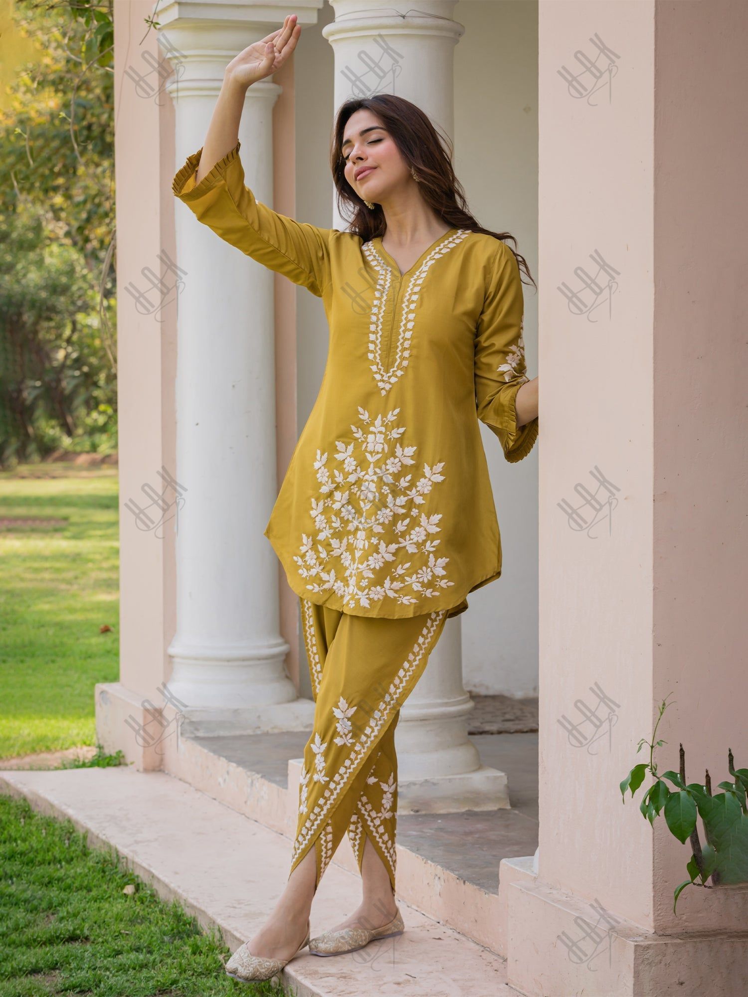 Sneha in Saba Chikankari Kurta Set in Habutai Silk - Mustard