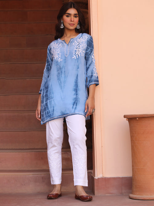 Saba Chikankari Short kurta in Crepe Silk - Blue