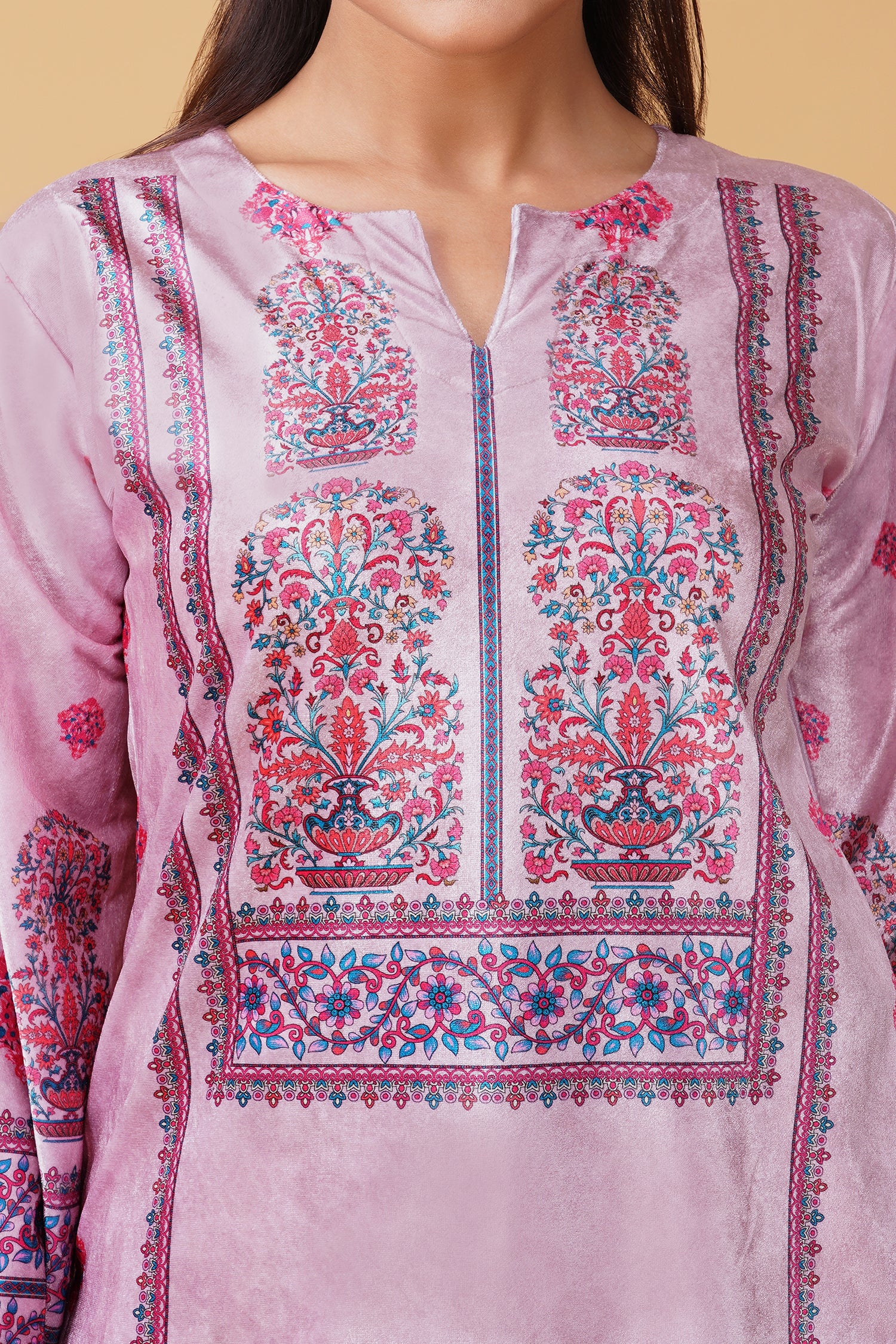 Velvet Printkari Coord Set with Farsi Bottoms – Rose Pink