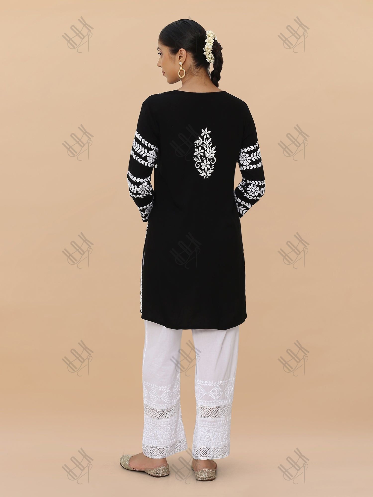 Saba Chikankari Short Kurta in Rayon cotton - Black With White