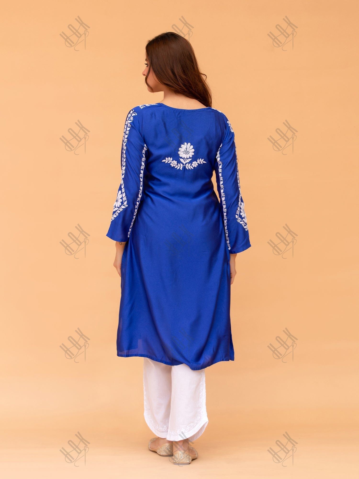 Kanchan in Saba Chikankari Long Kurta in Barfi Silk - Blue