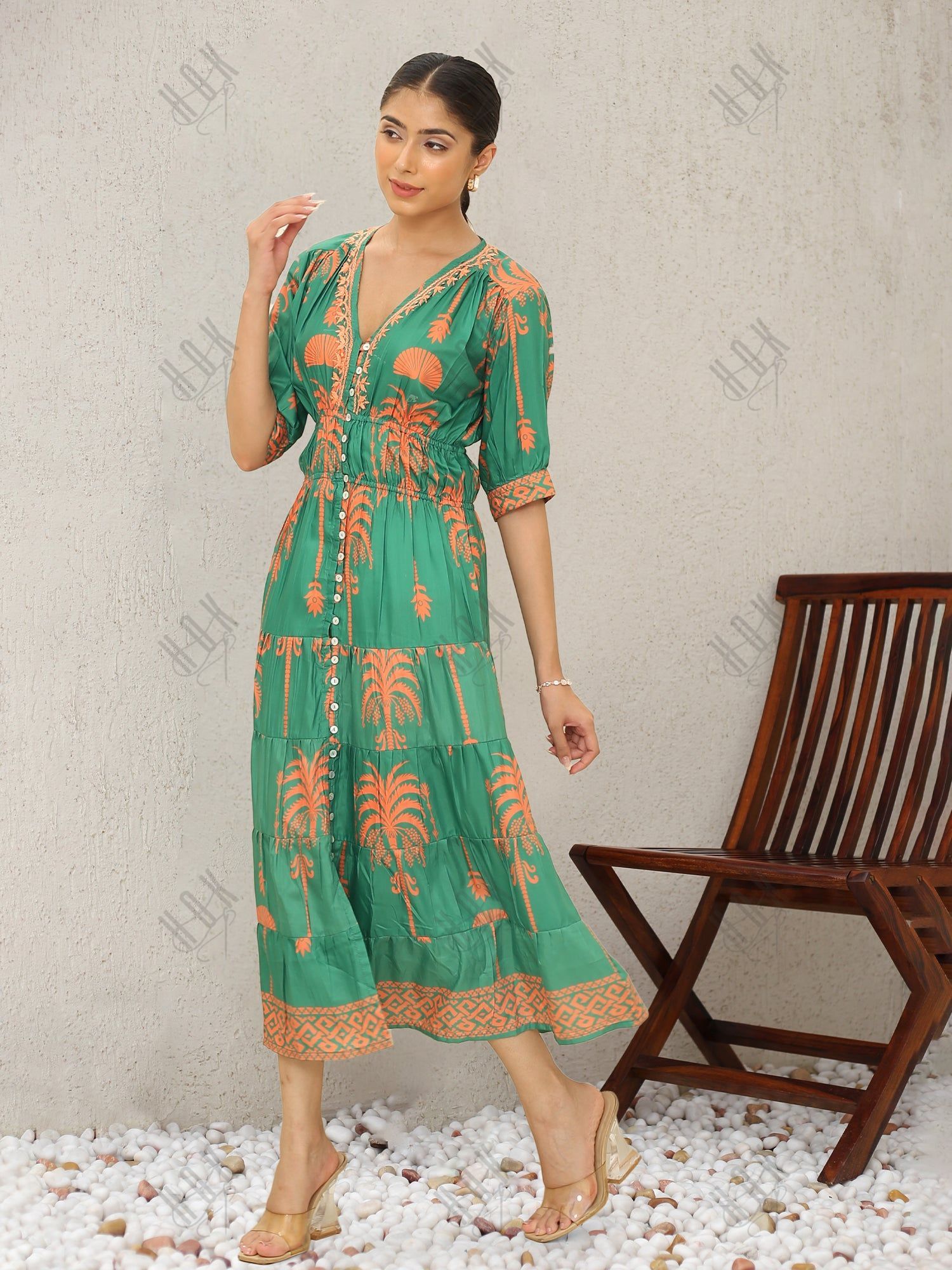 Saba Chikanakri Dress in Printed Muslin  - Green