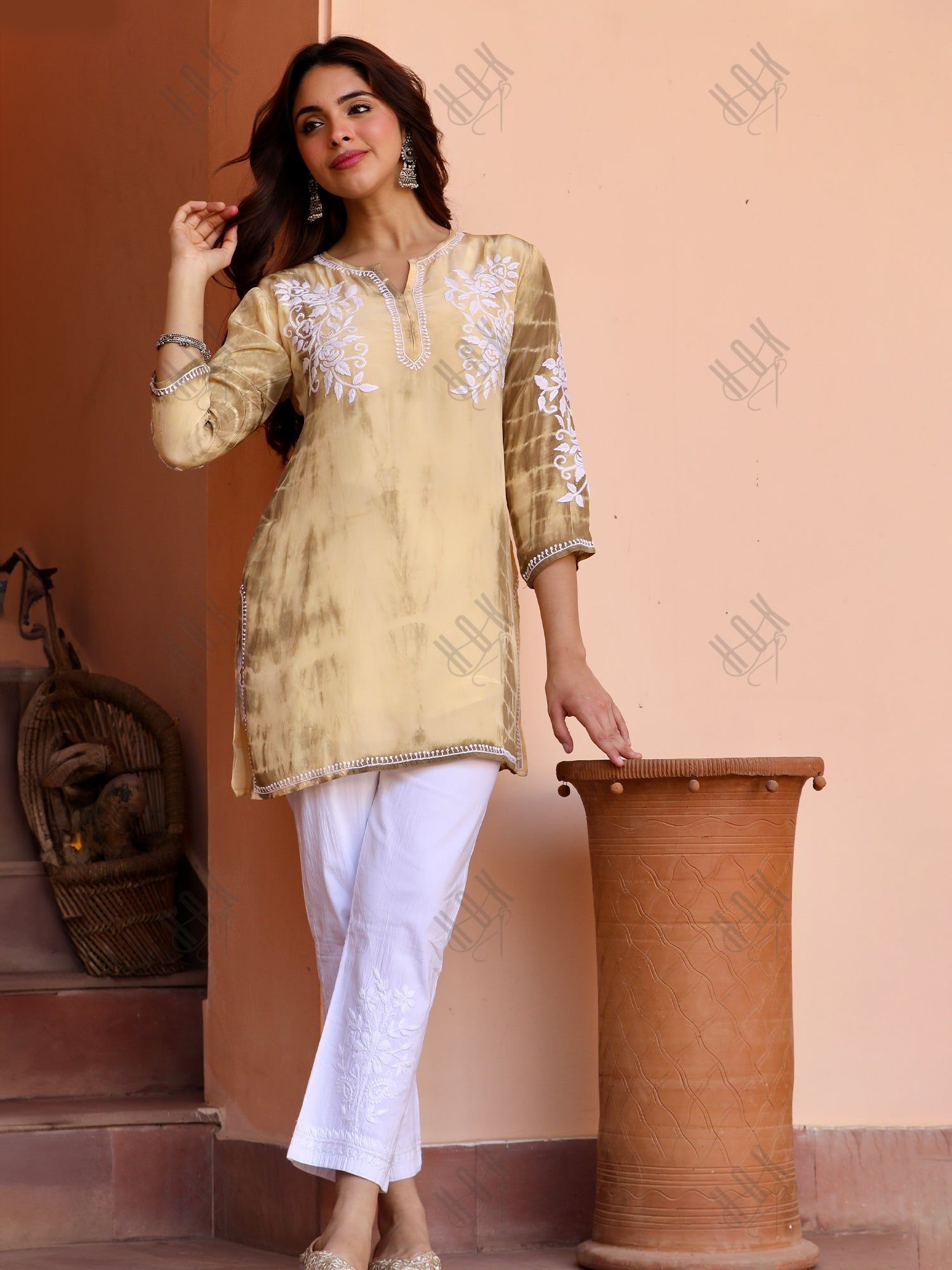 Tanvi in Saba Chikankari Short kurta in Crepe Silk - Beige