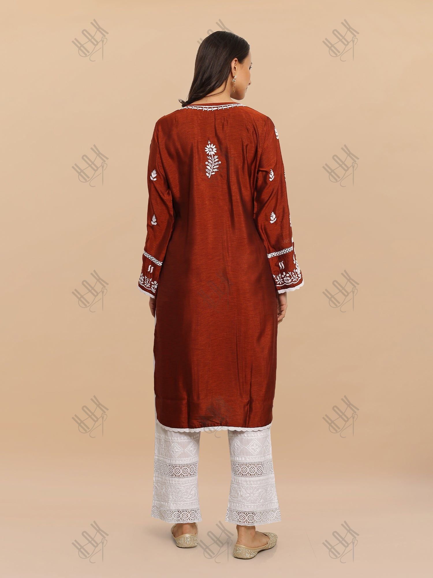 Saba Chikankari Long Kurta in Barfi Silk - Chutney