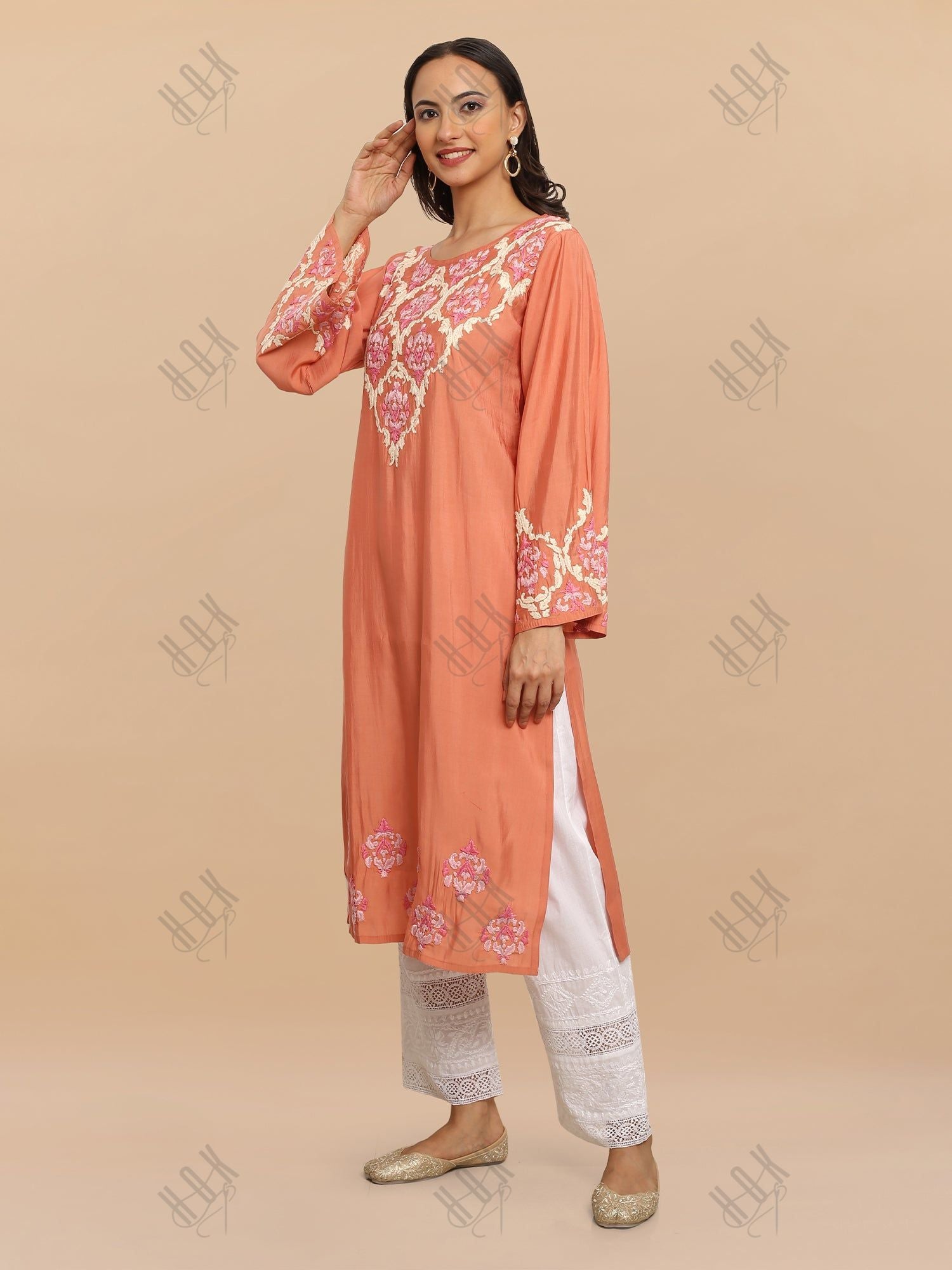 Saba Chikankari Long Kurta in Modal Silk - Peach