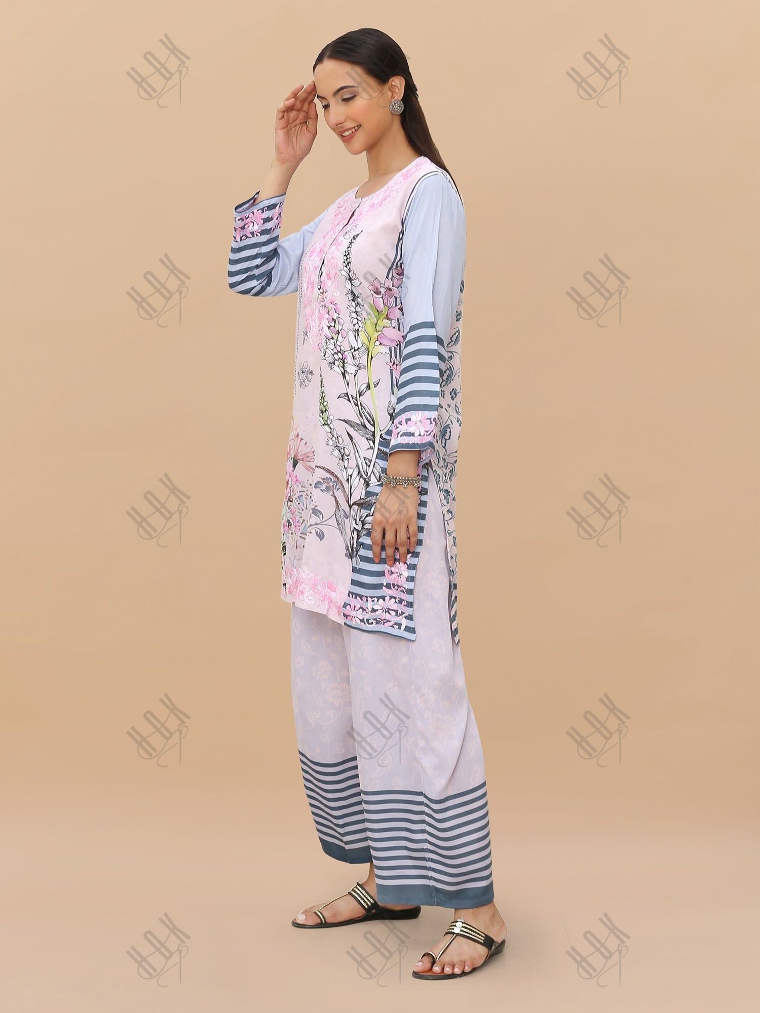 Saba Chikankari Set in Printed Polysilk - Pink Blue