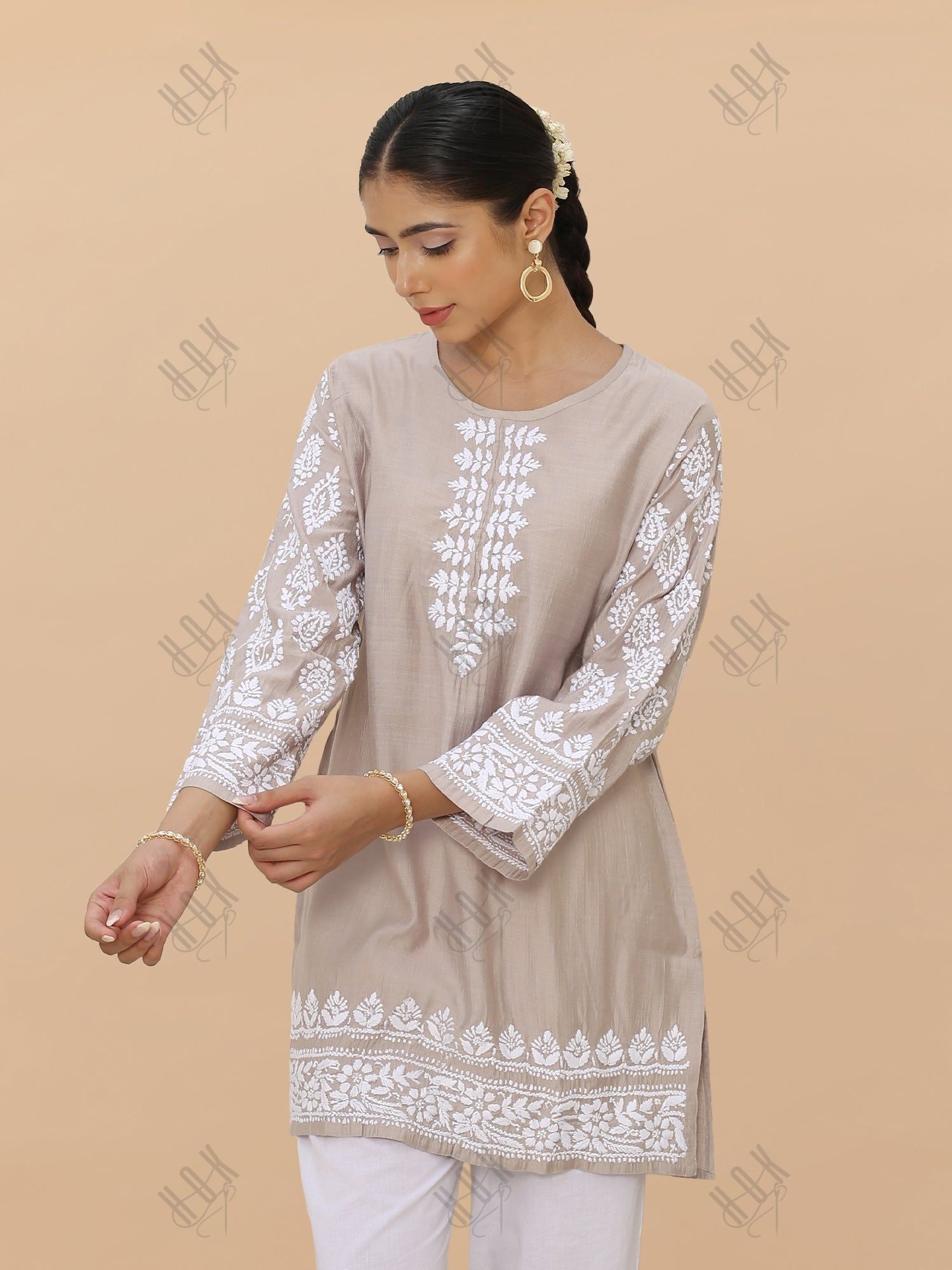 Kaashwi in Saba Chikankari Short kurta in Modal Silk  - Beige