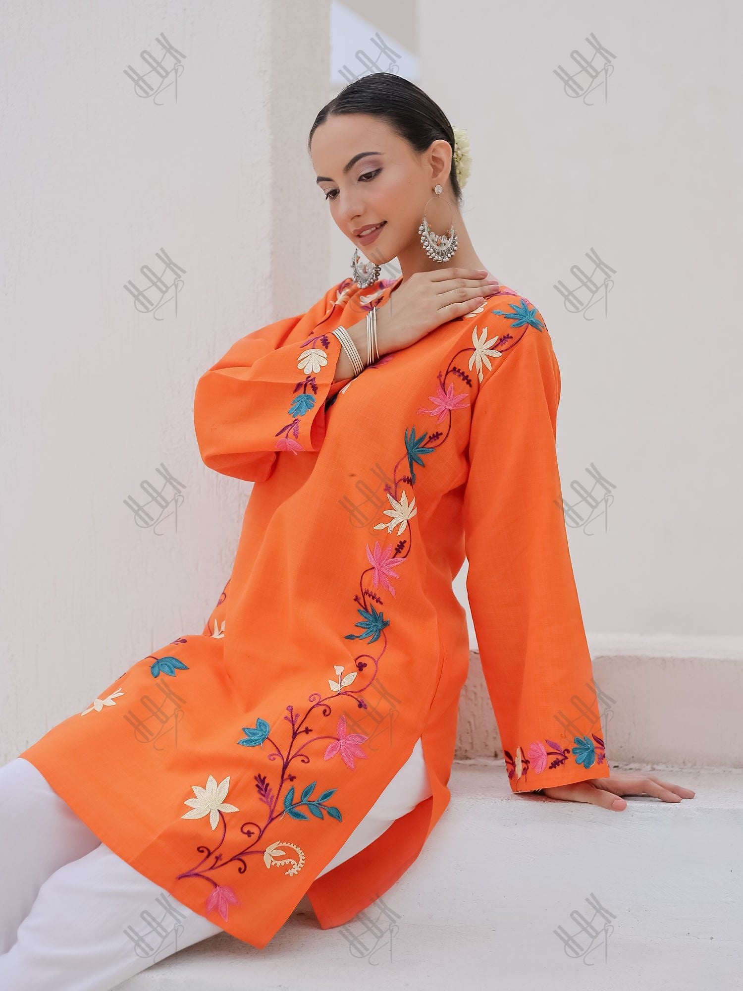 Falak Kashmiri Long Kurta - Orange