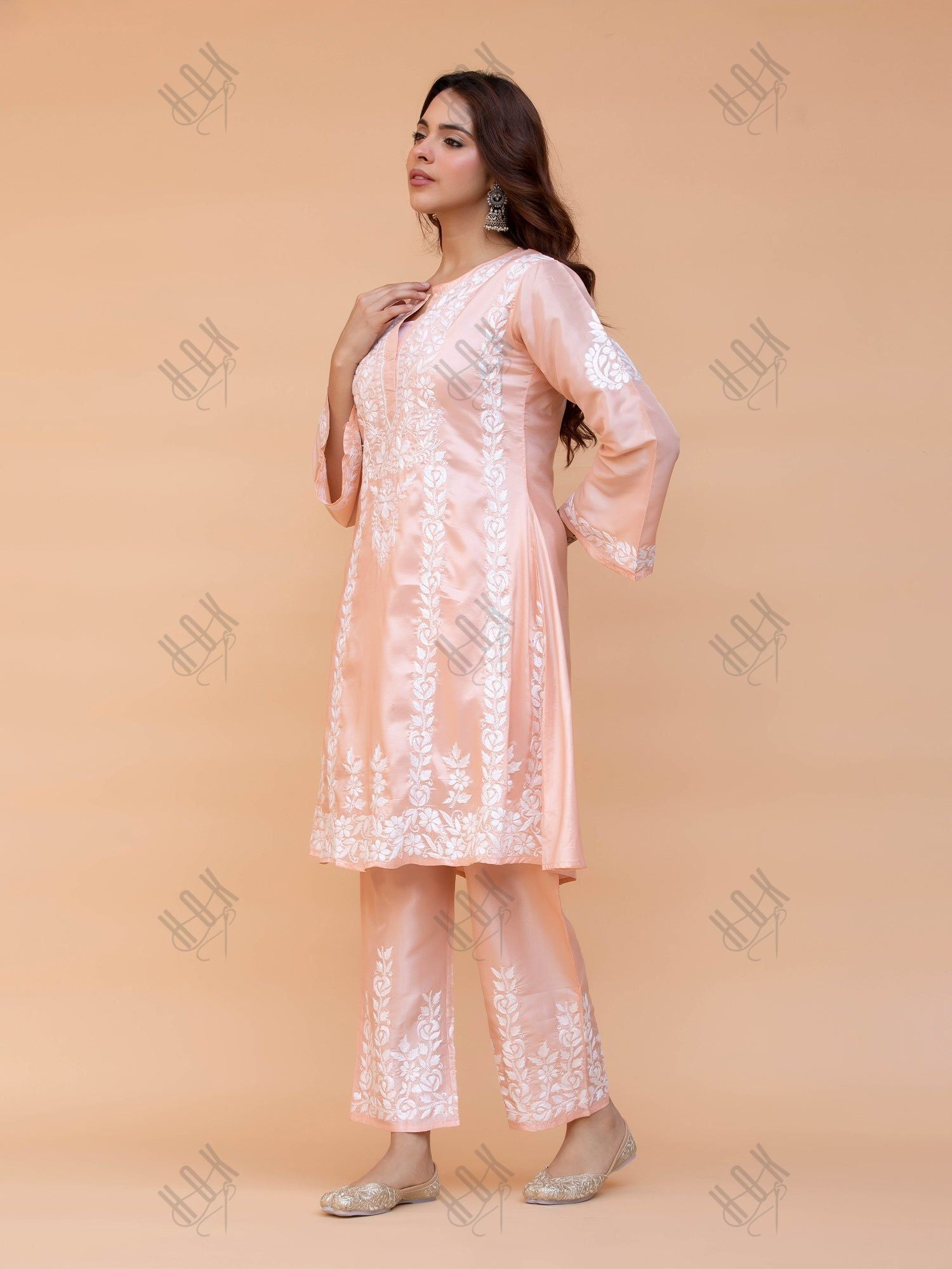 Saba Chikankari Kurta Set in Habutai Silk - Peach