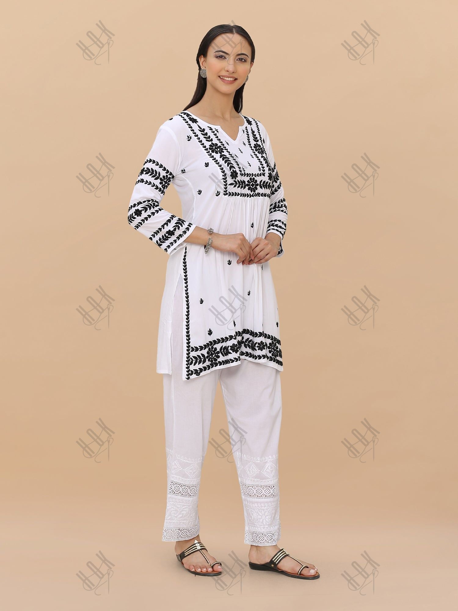 Saba Chikankari Short Kurta in Rayon cotton - White With Black