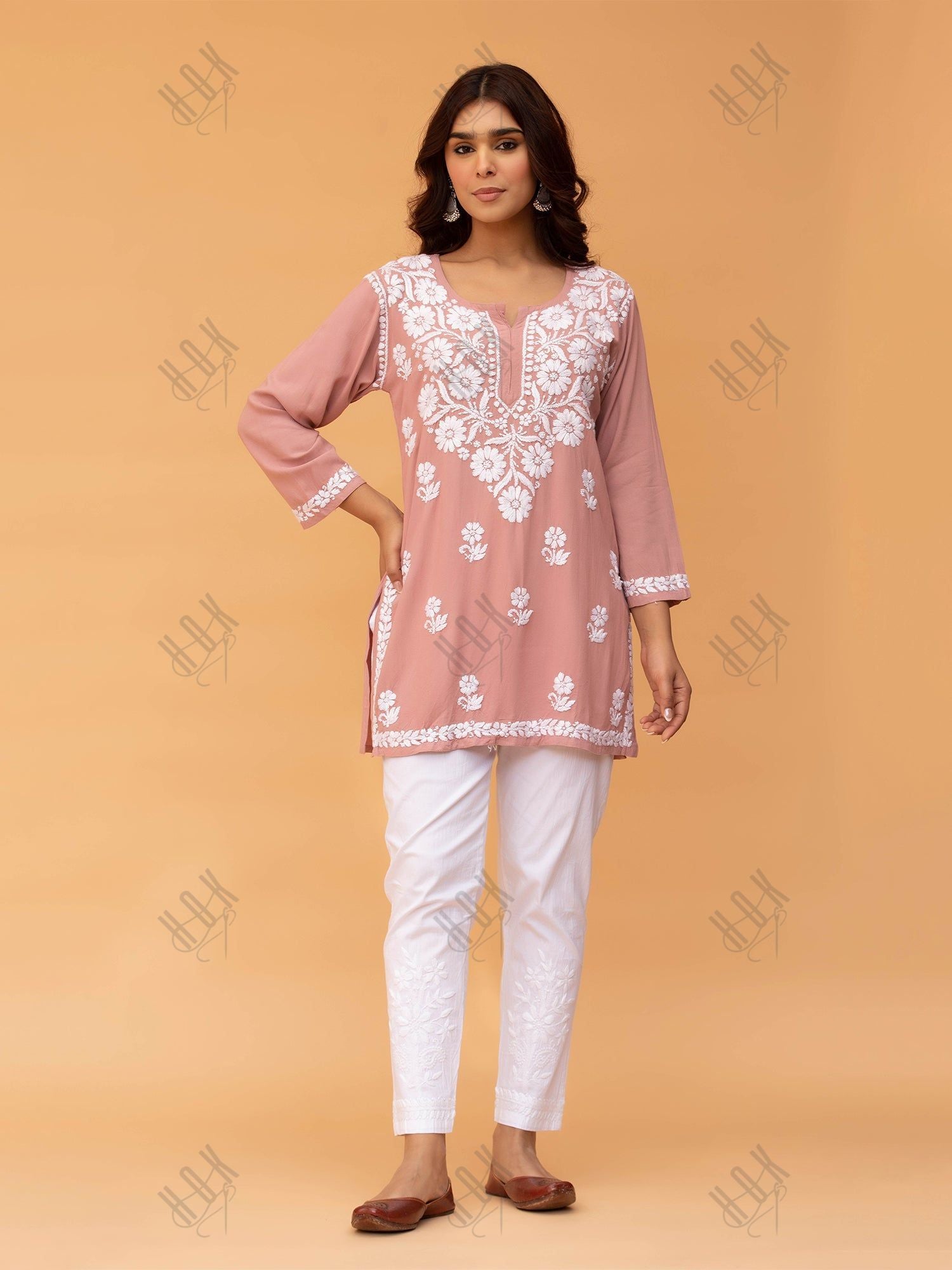 Saba Chikankari Short Kurta in Rayon cotton - Peach