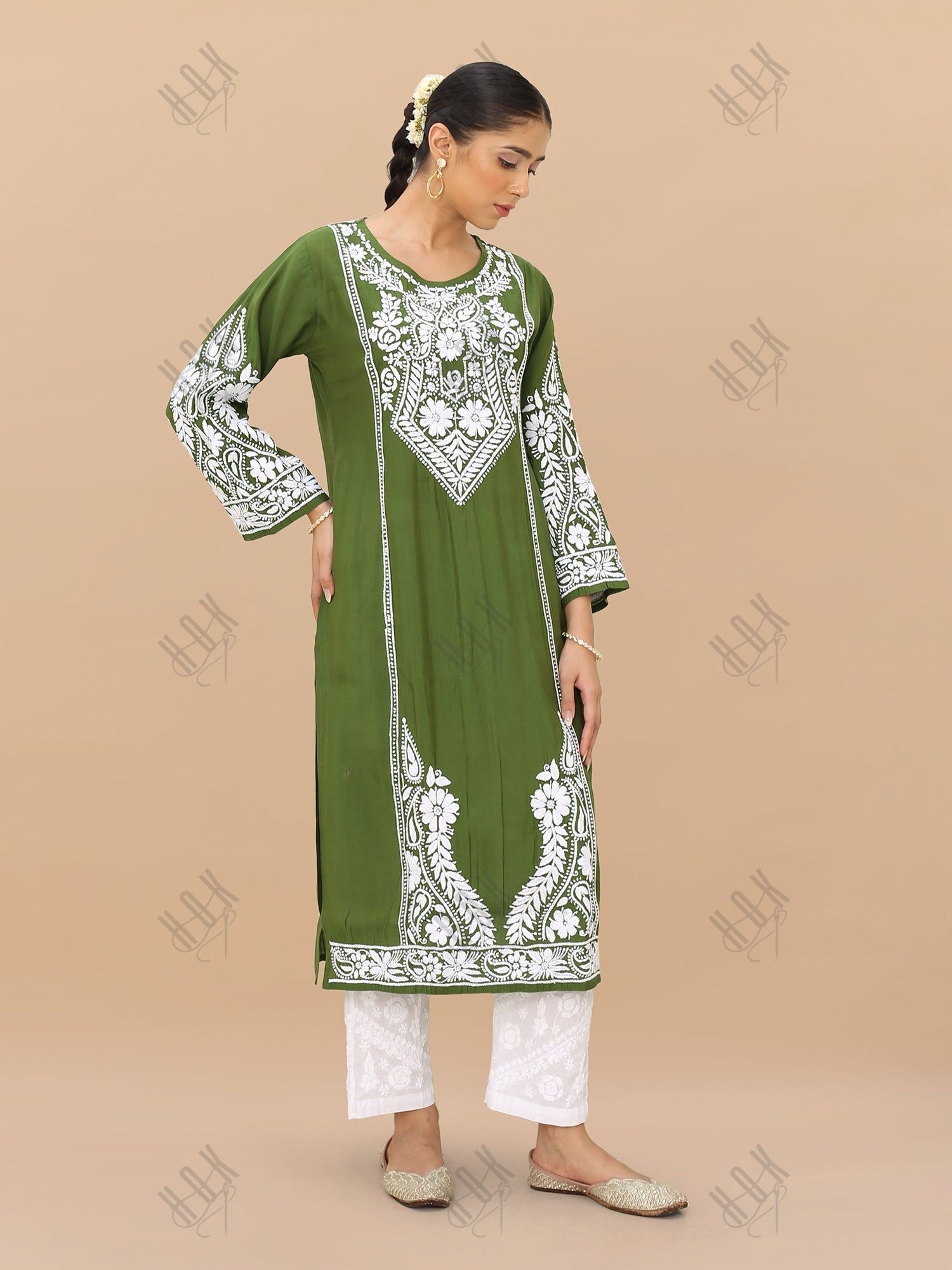 Saba Chikankari Kurti in Modal Silk - Green