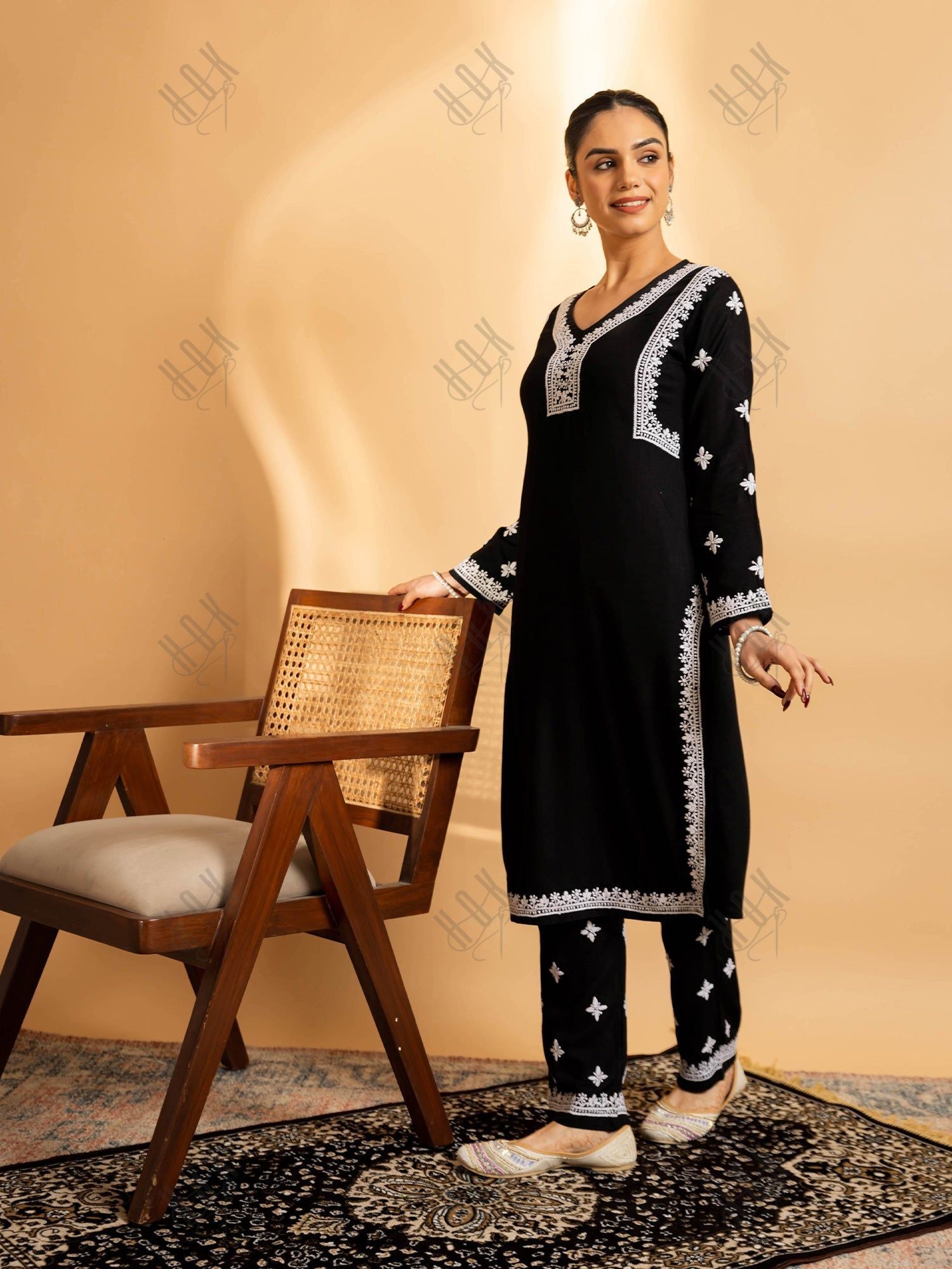 Saba Chikankari Rayon Kurta Set for Women - Black