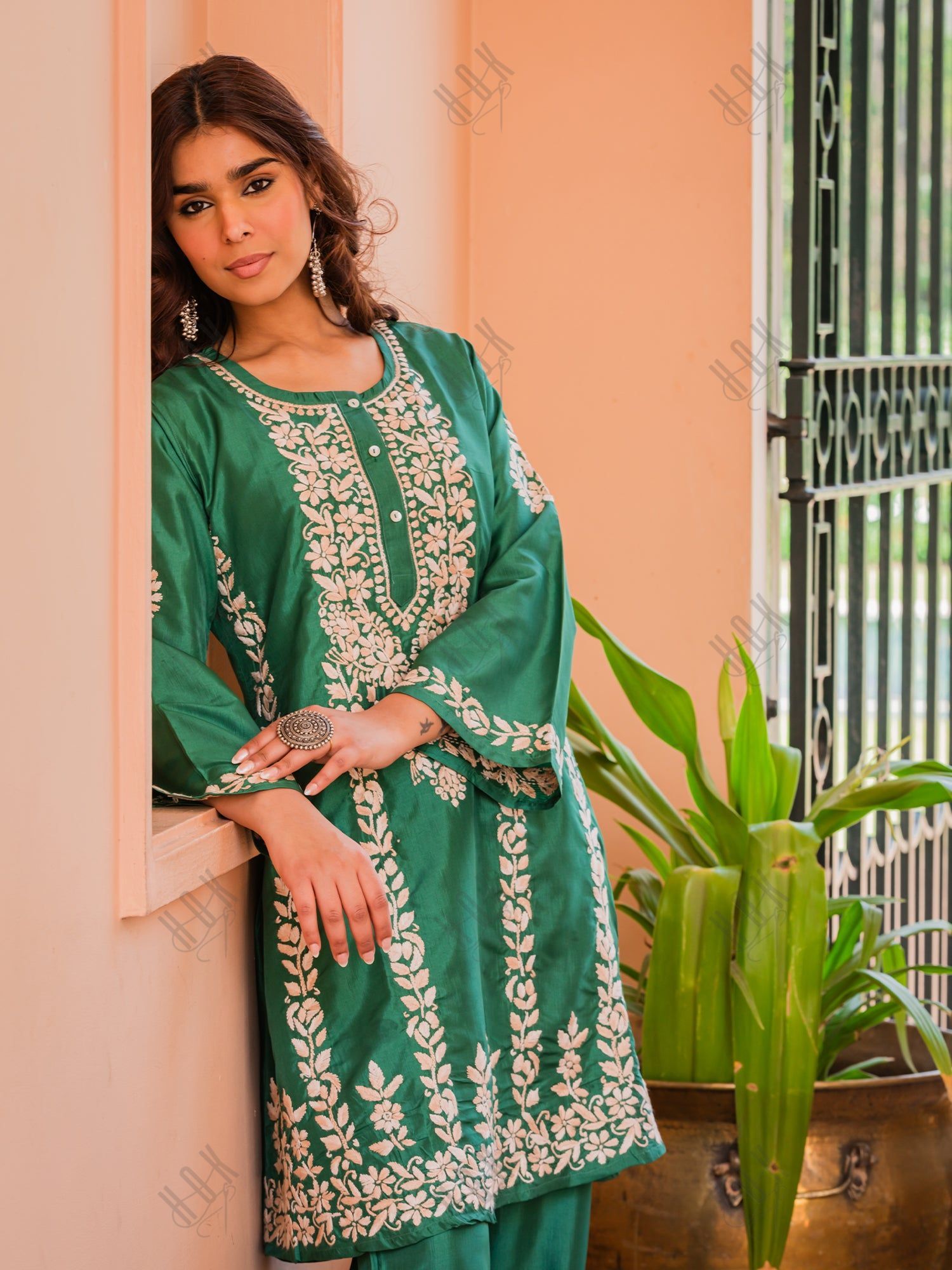 Saba Chikankari Kurta Set in Habutai Silk - Green