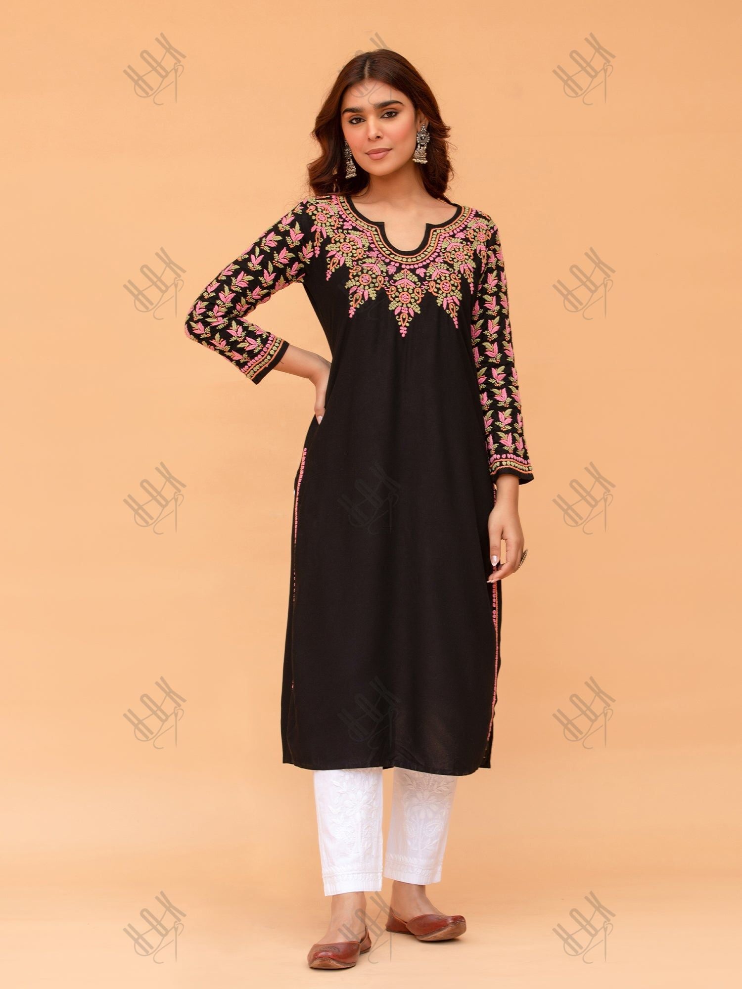 Saba Chikankari Kurta in Rayon Cotton - Black