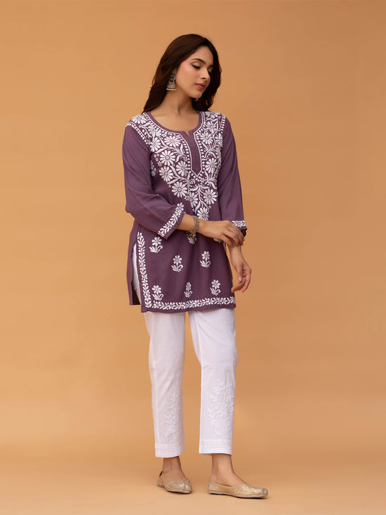 Saba Chikankari Short Kurta in Rayon cotton - Purple