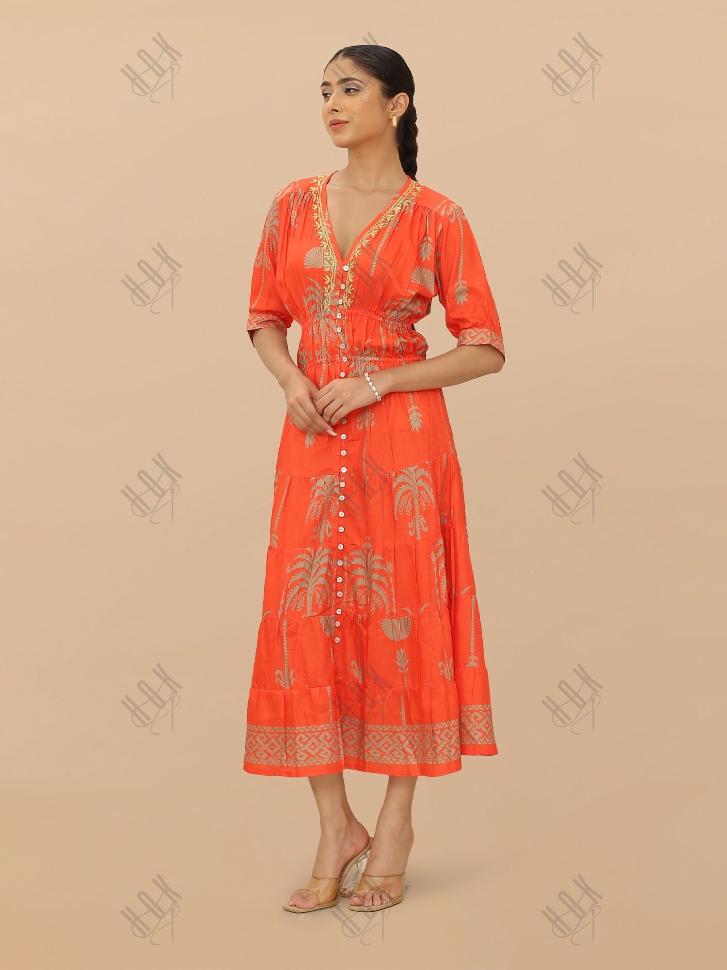 Saba Chikanakri Dress in Printed Muslin  - Orange