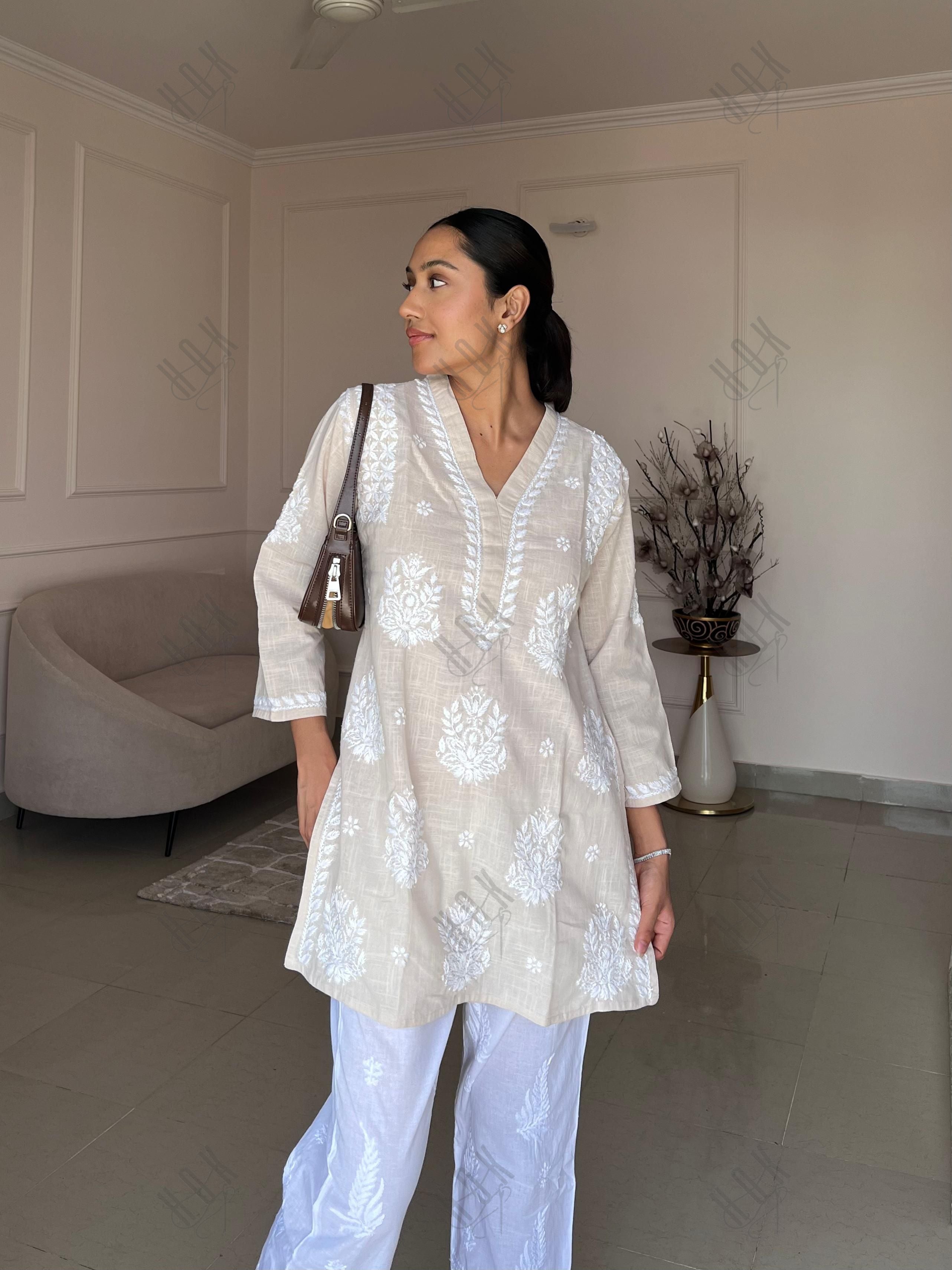 Anushka in Saba Chikankari Short kurta in Slub cotton - Beige