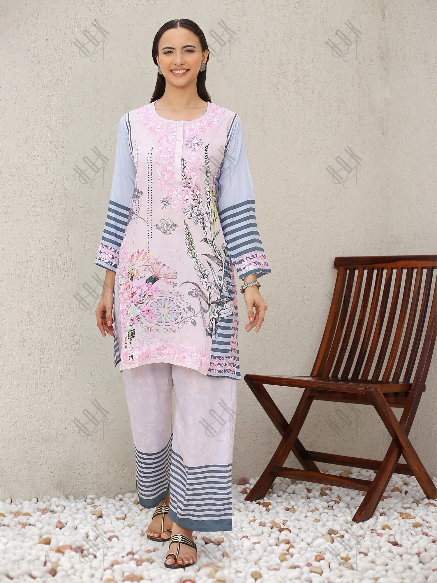 Saba Chikankari Set in Printed Polysilk - Pink Blue