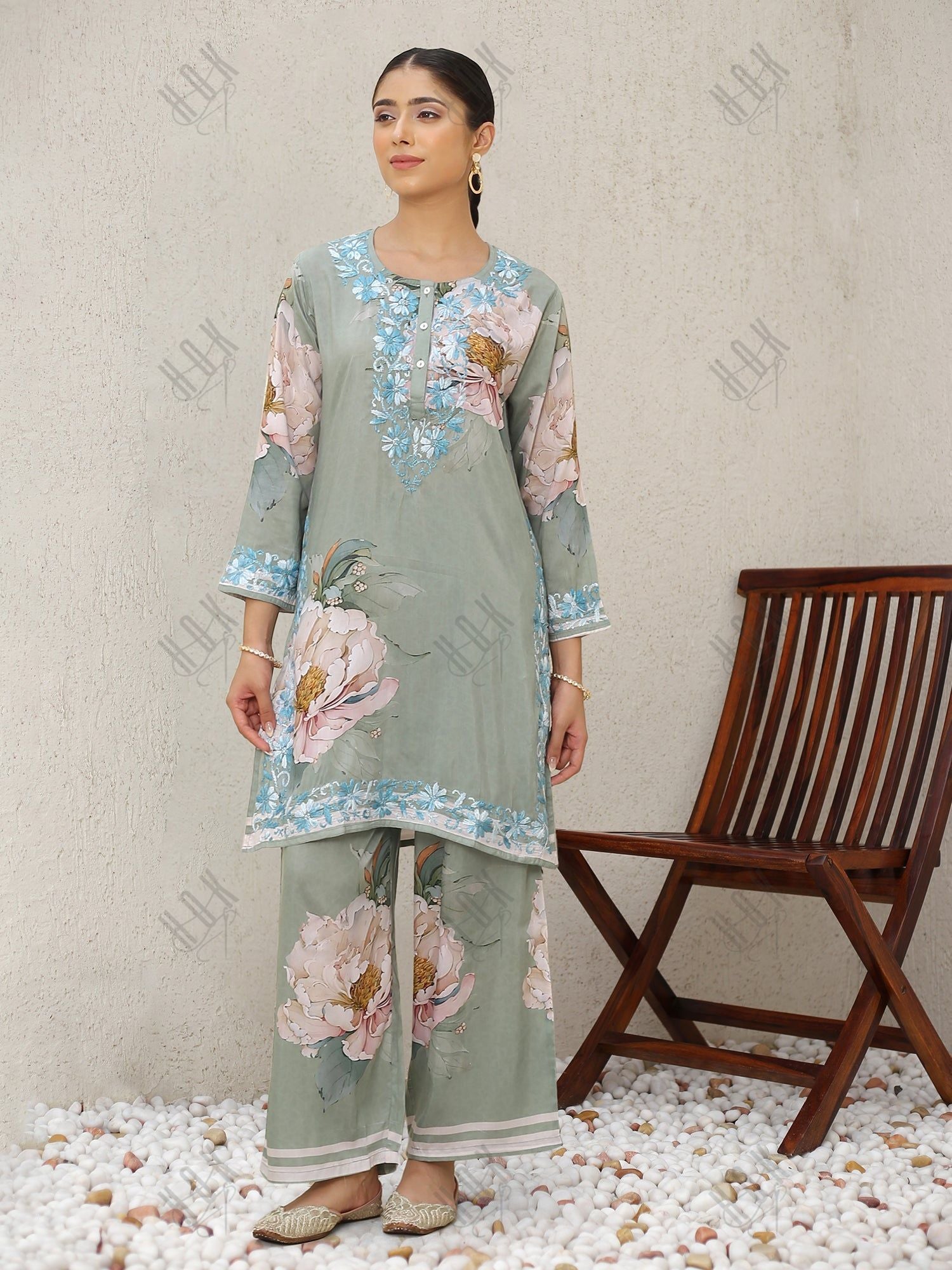 Saba Chikankari Set in Printed Polysilk -  Floral Green