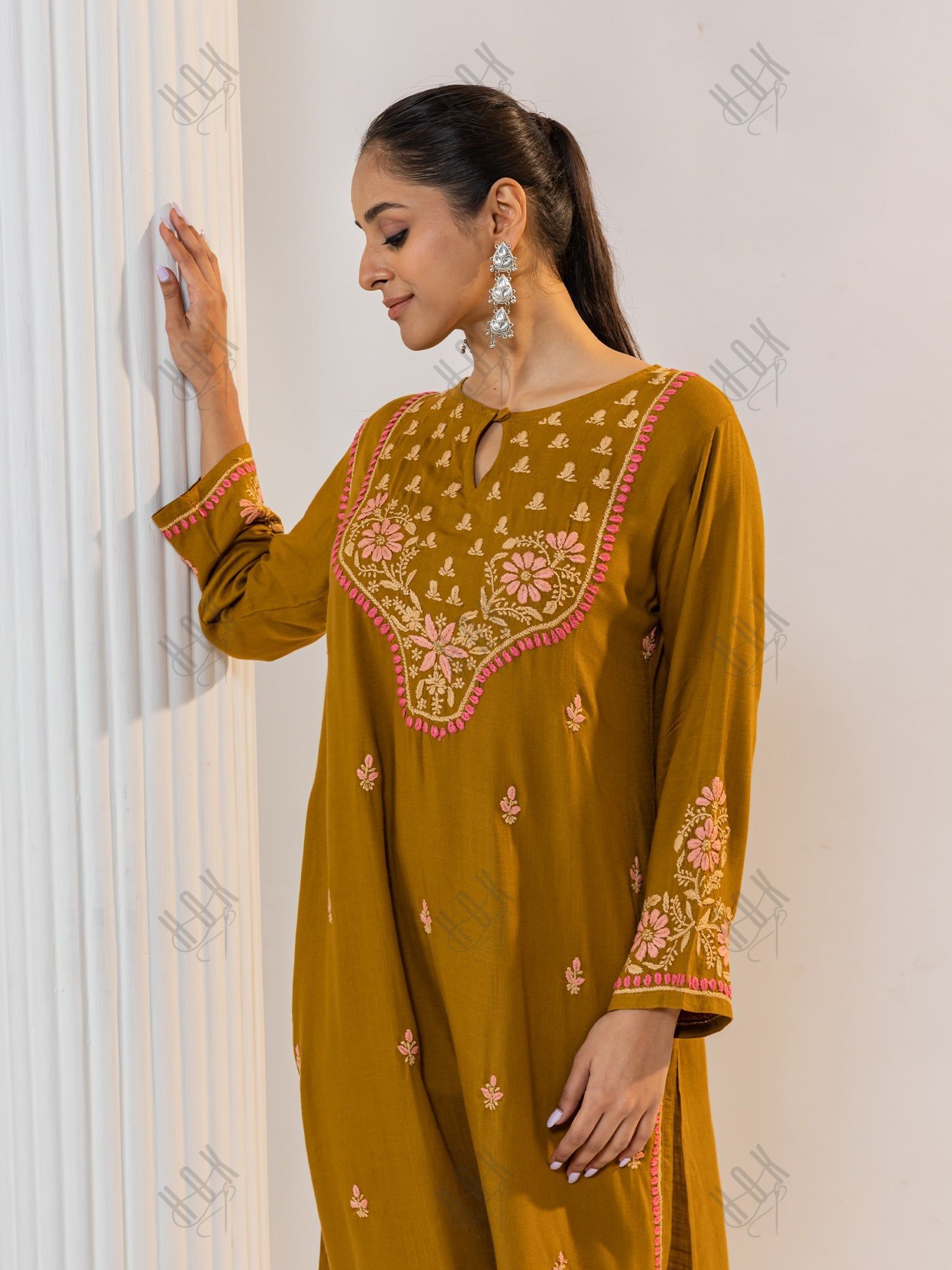 Saba Chikankari Notch Neck Cotton Silk Kurta Set for Women - Mustard