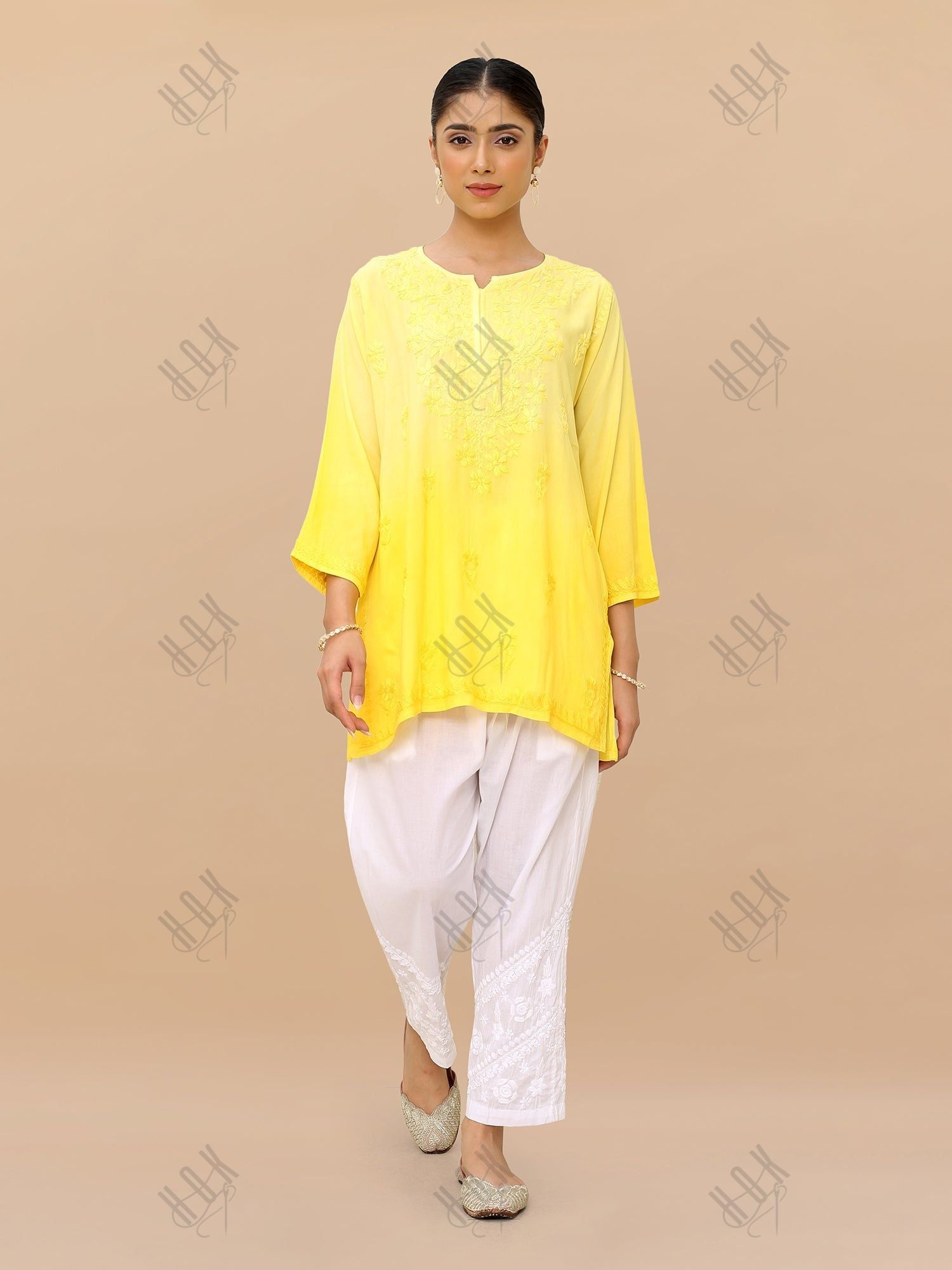 Saba Chikankari Short Kurta in Rayon cotton - Yellow