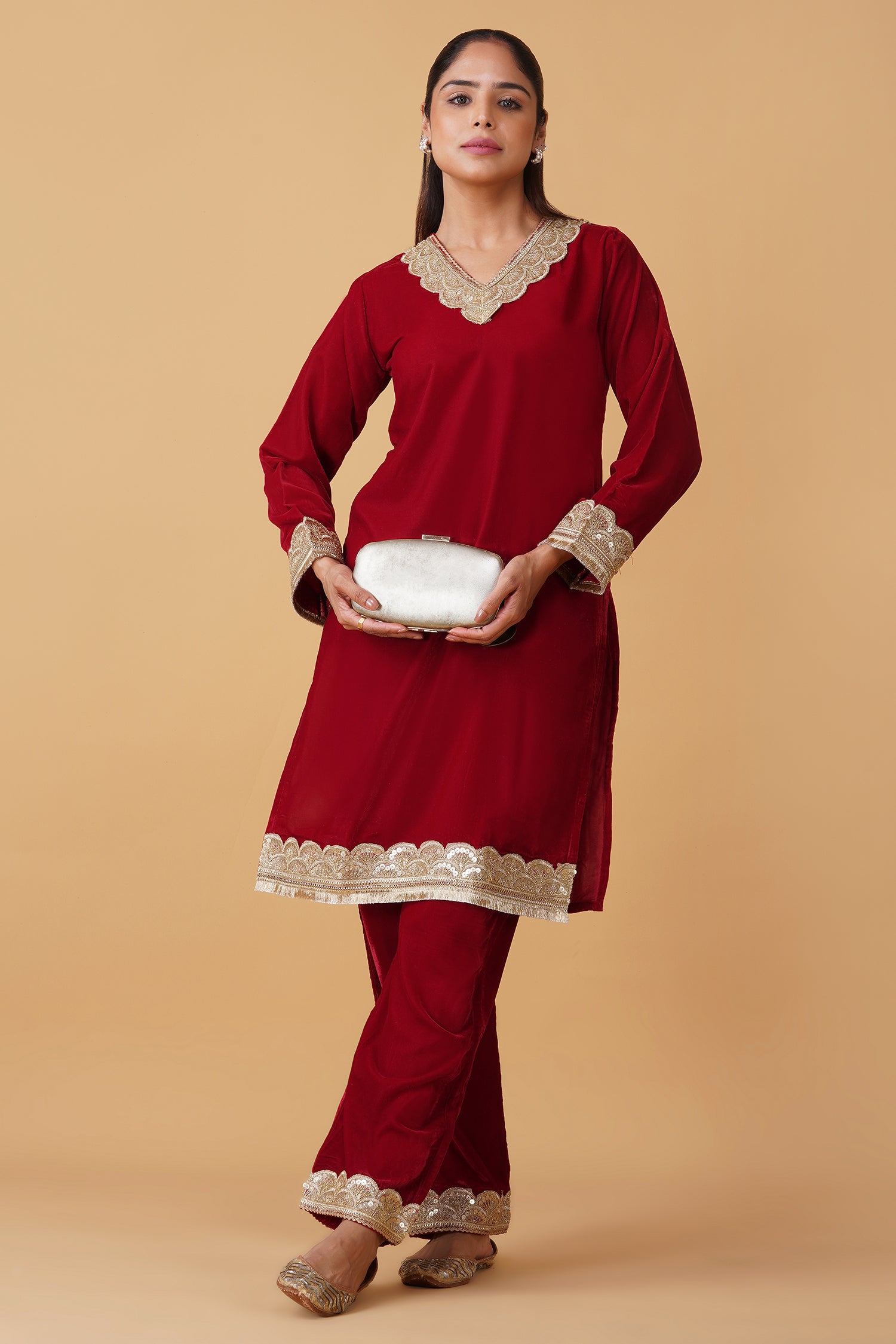 Velvet Kurta Set with Gold Zari Lace Work - Red