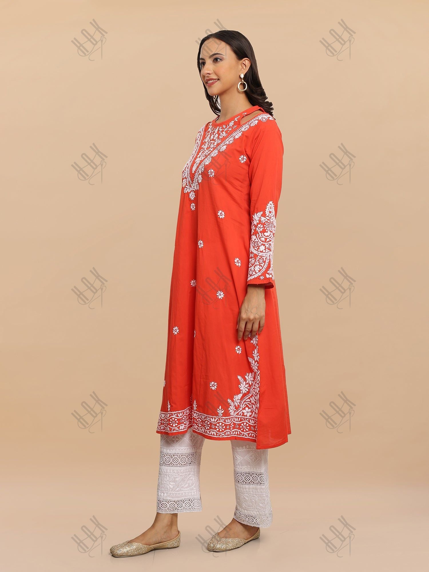 Saba Chikankari Long kurta in cotton - Red