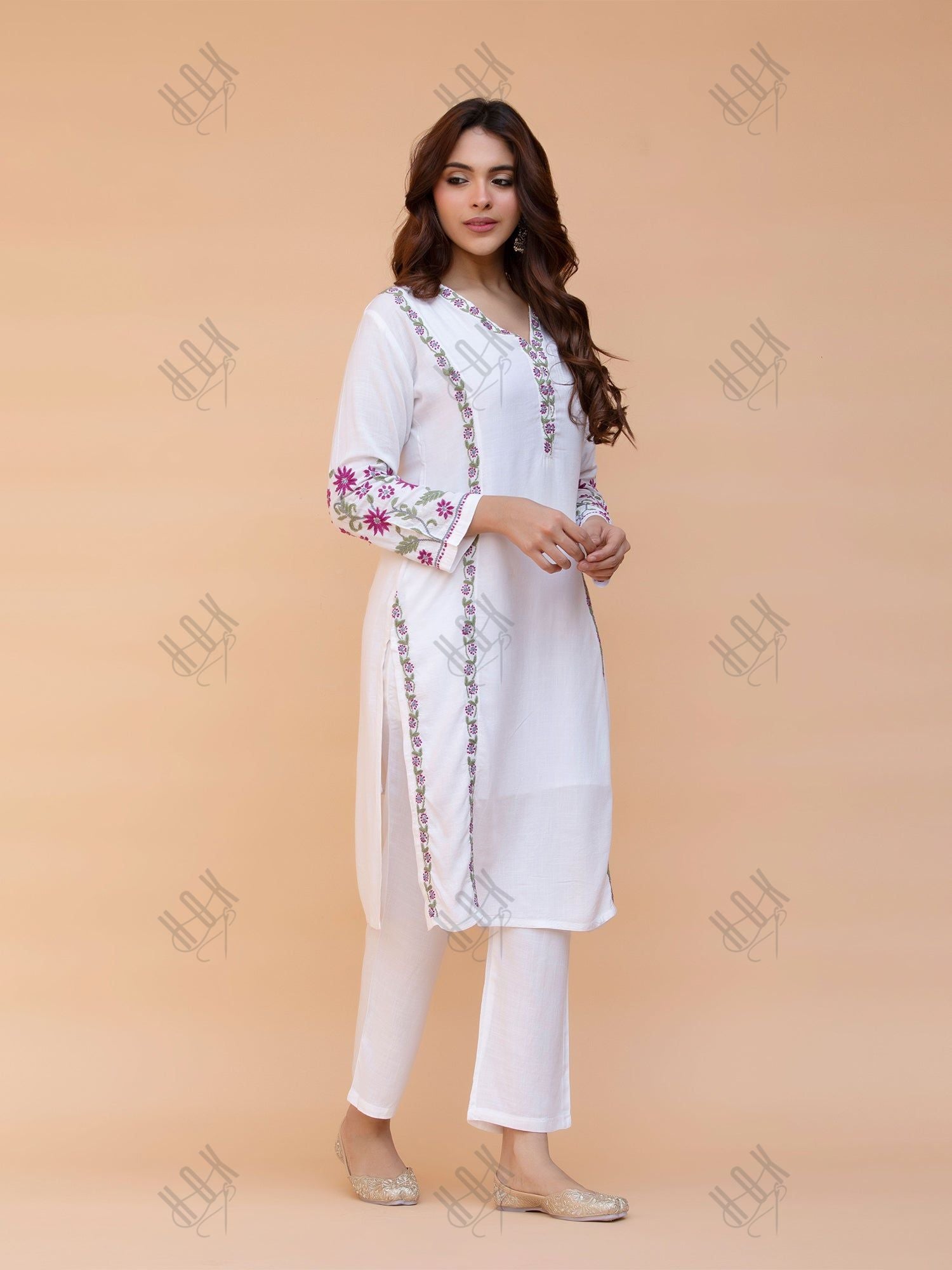 Saba Chikankari Co-ord Set in Cotton Silk - White