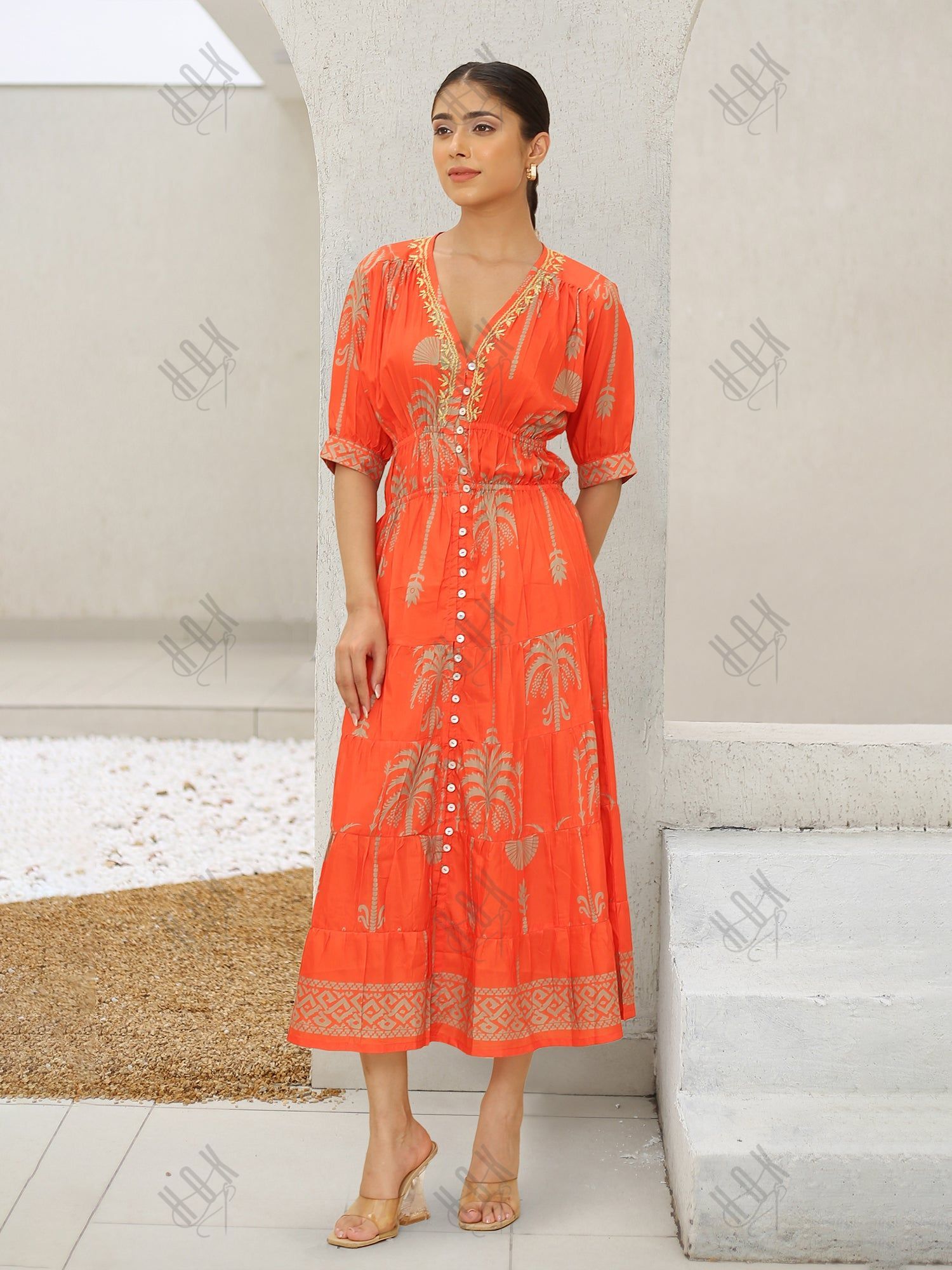 Saba Chikanakri Dress in Printed Muslin  - Orange