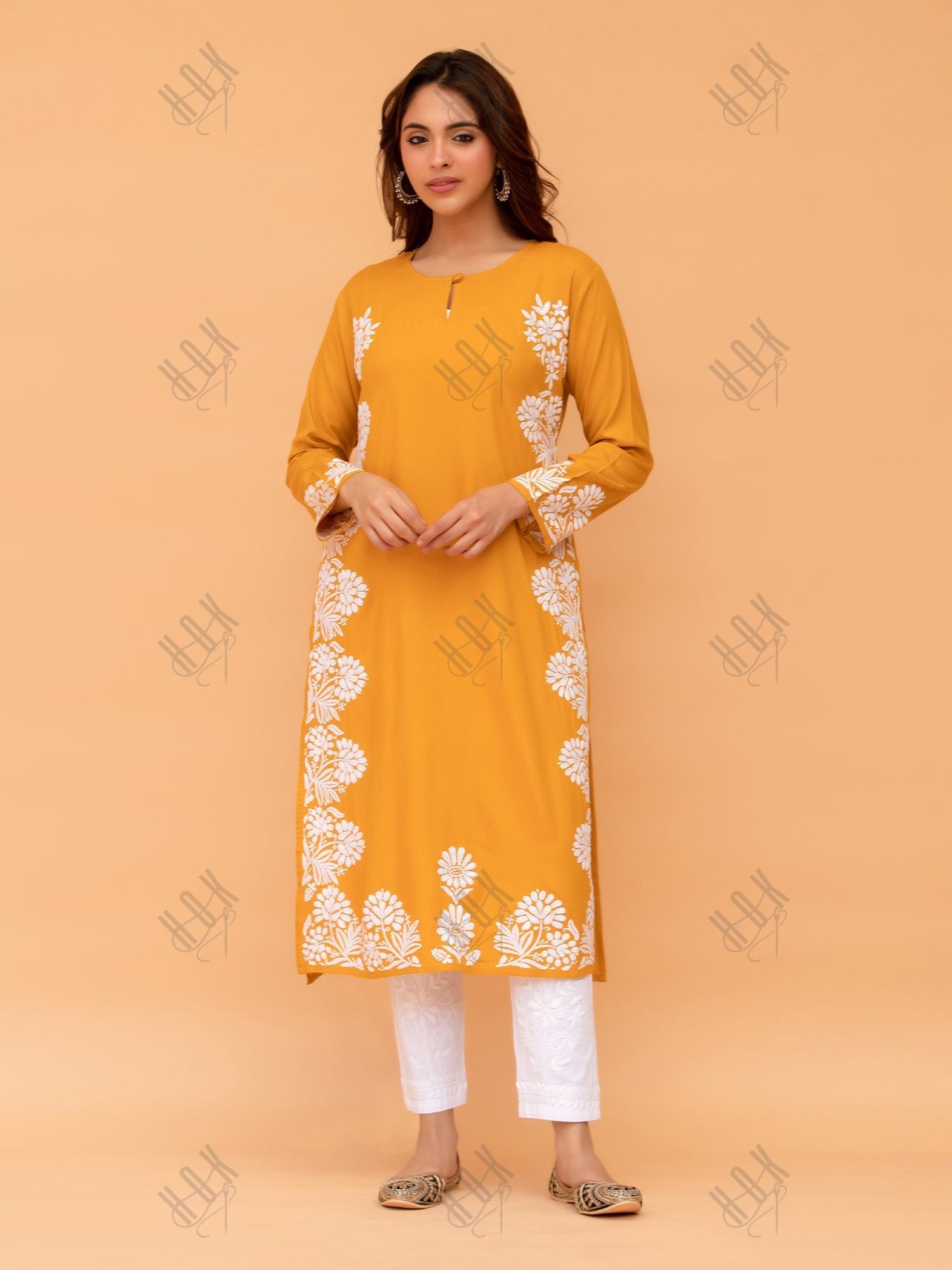 Saba Chikankari Long Kurta in Rayon cotton - Mustard