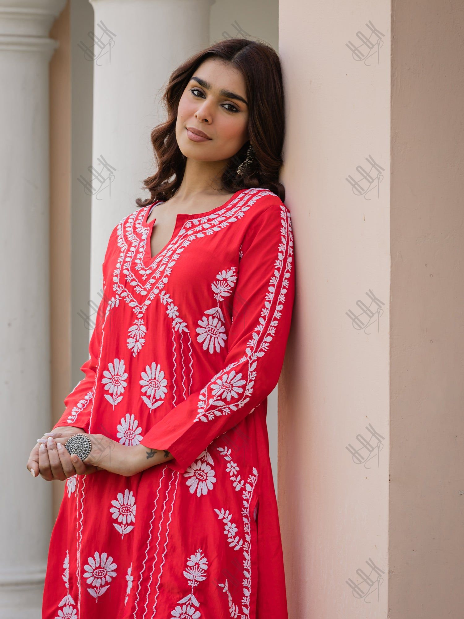 Saba Chikankari Long Kurta in Barfi Silk - Red