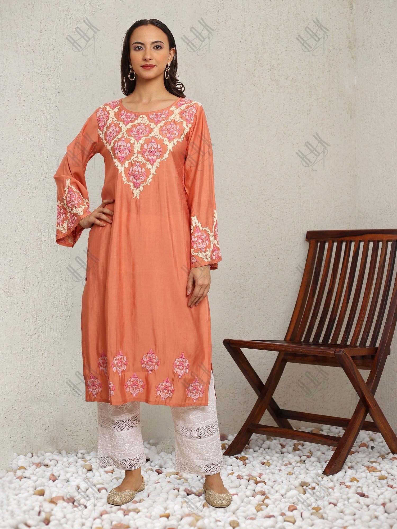 Saba Chikankari Long Kurta in Modal Silk - Peach