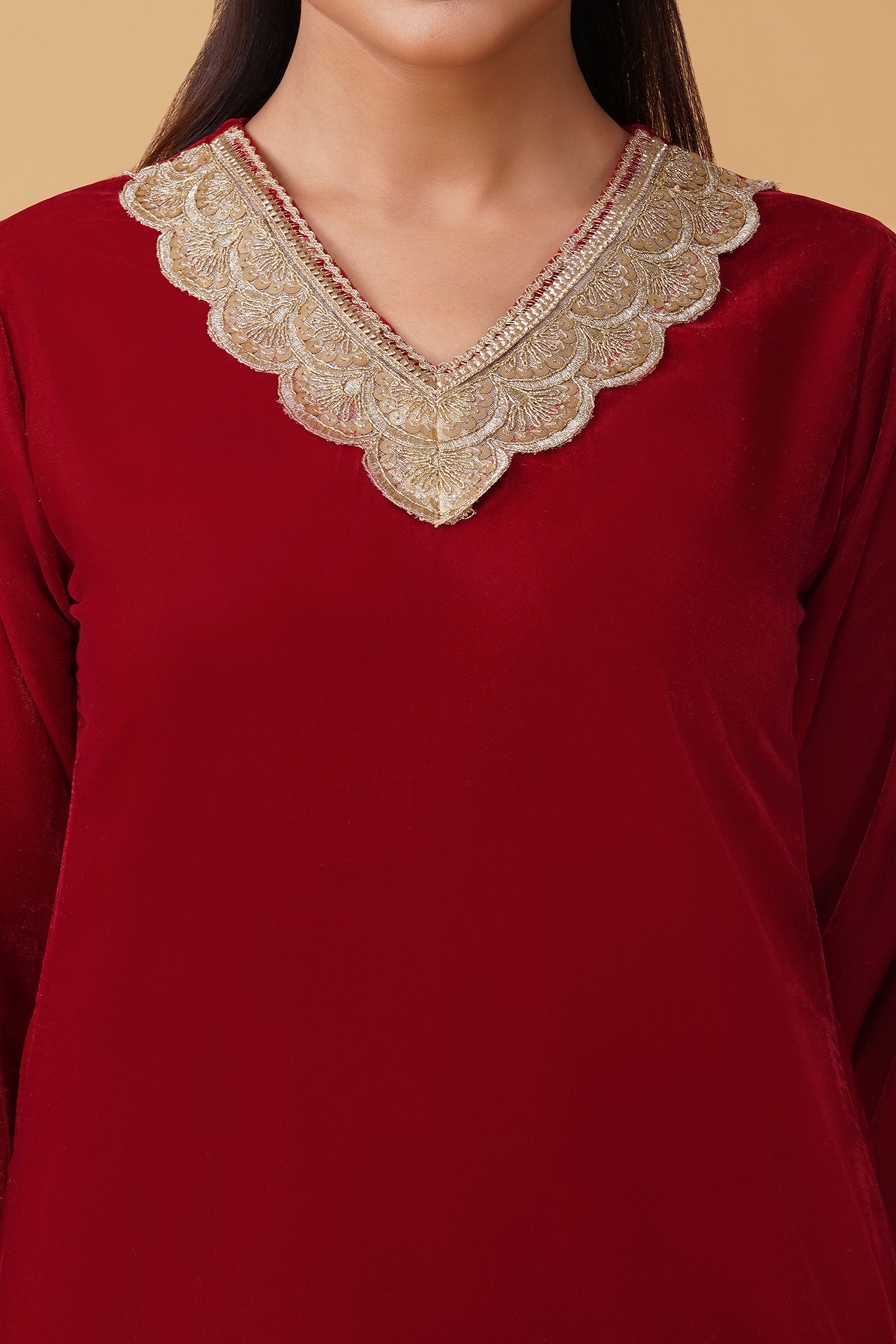 Velvet Kurta Set with Gold Zari Lace Work - Red