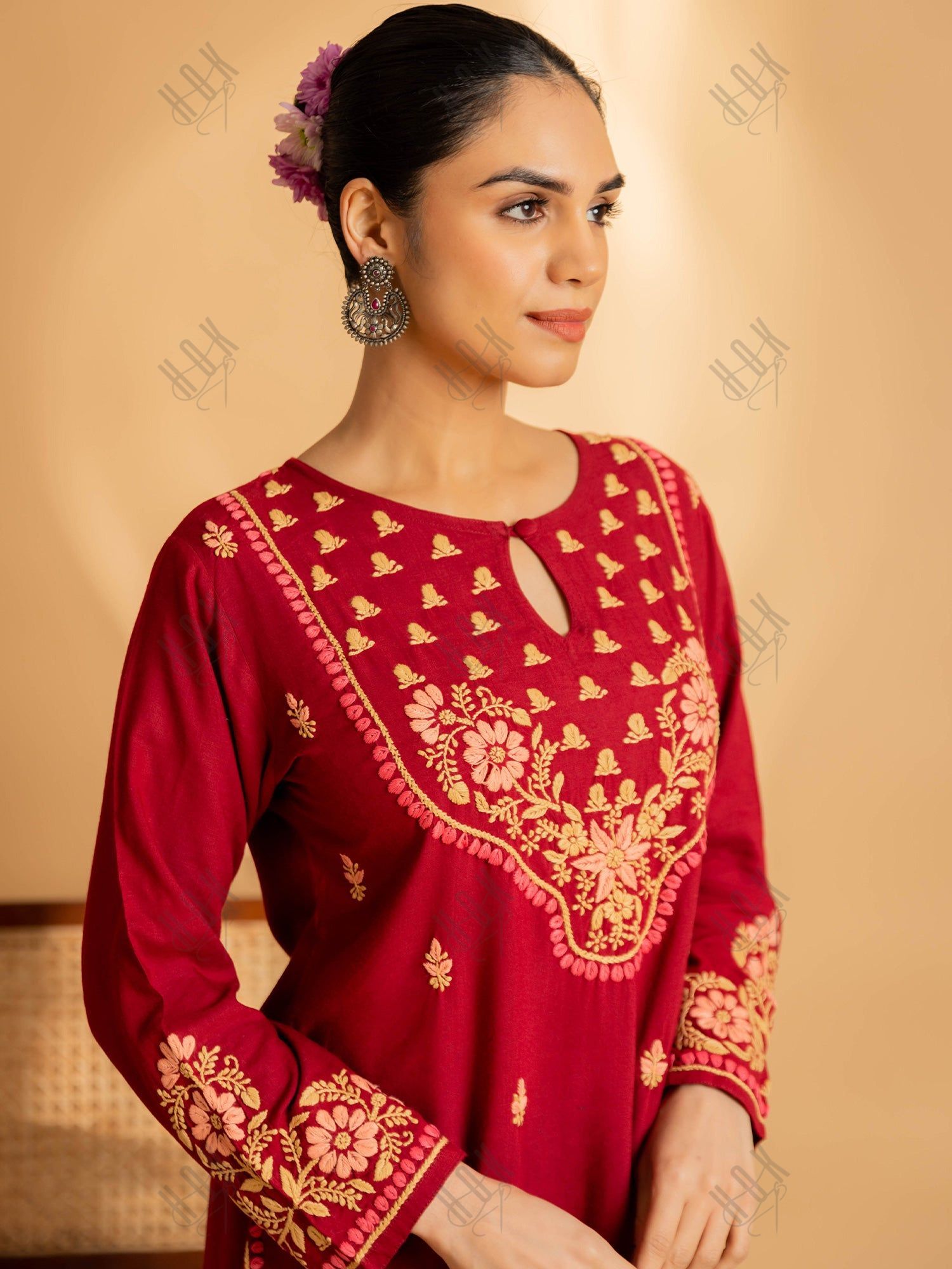 Saba Chikankari Cotton Silk Kurta Set for Women - Maroon