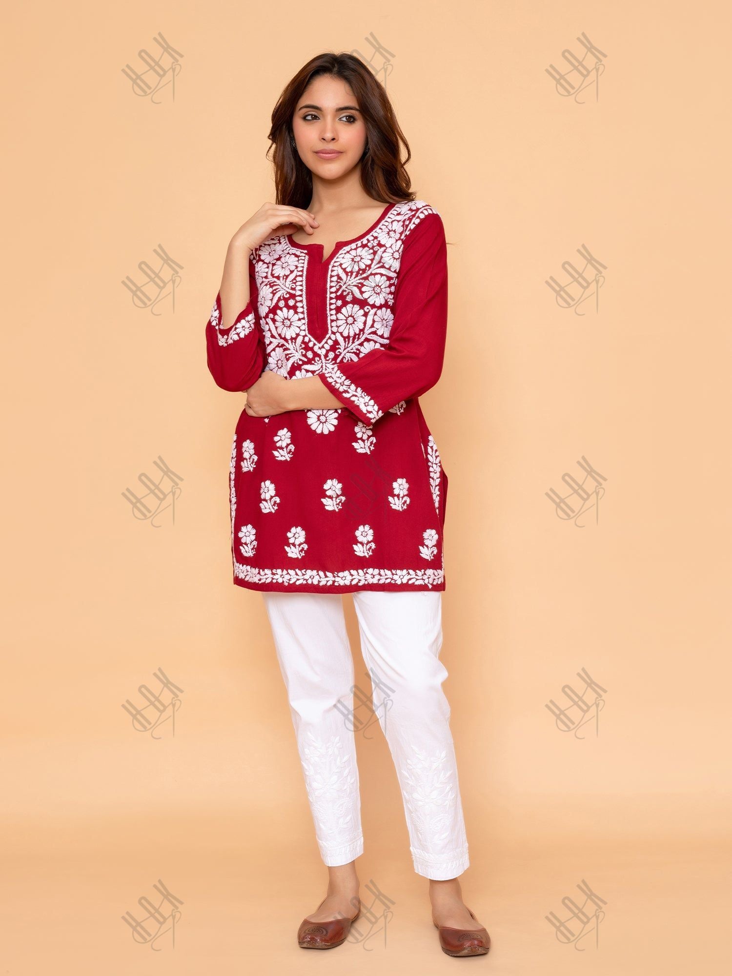 Saba Chikankari Short Kurta in Rayon cotton - Maroon