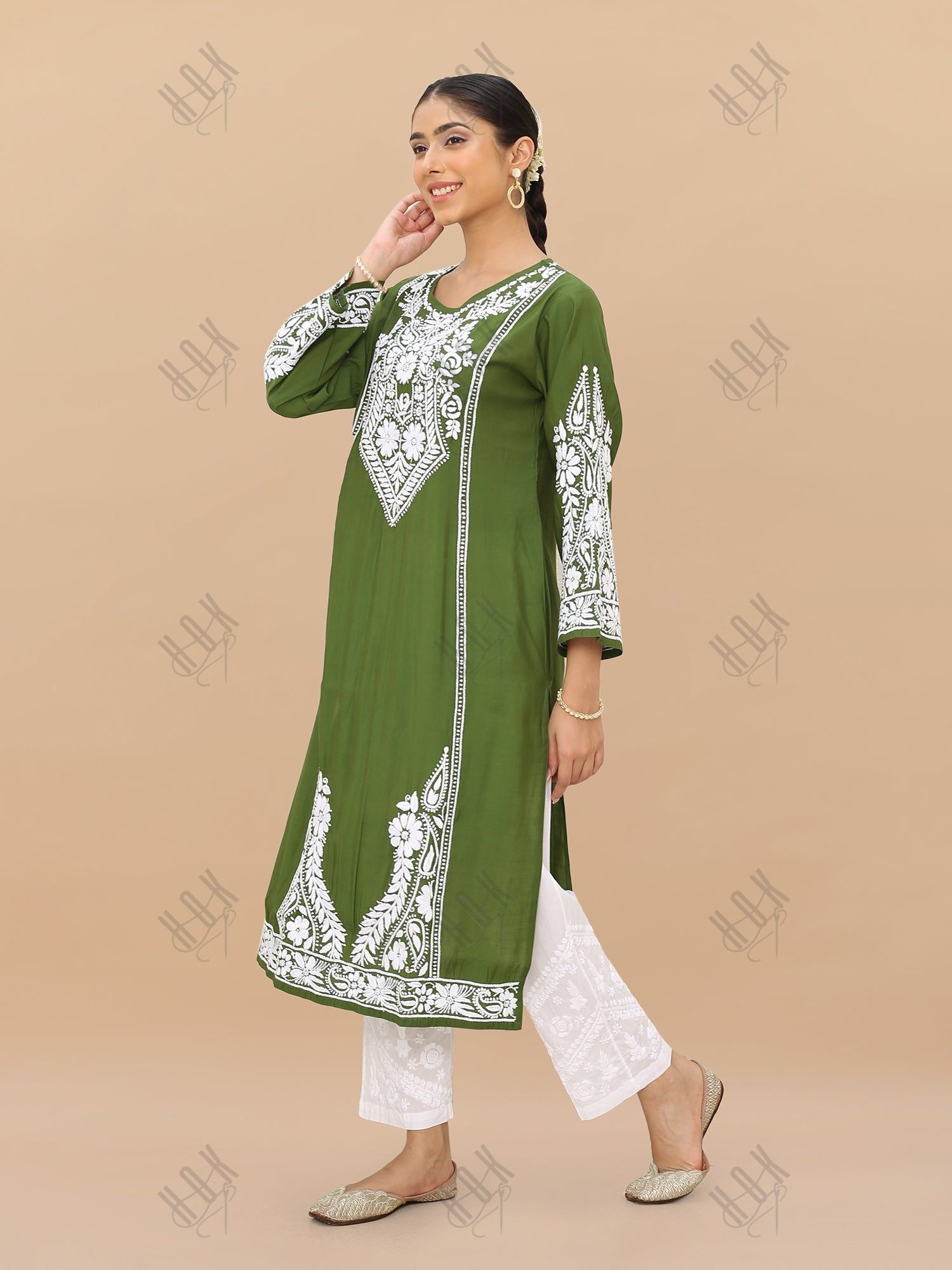 Saba Chikankari Kurti in Modal Silk - Green