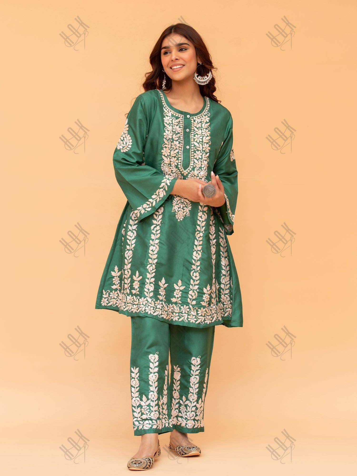 Saba Chikankari Kurta Set in Habutai Silk - Green