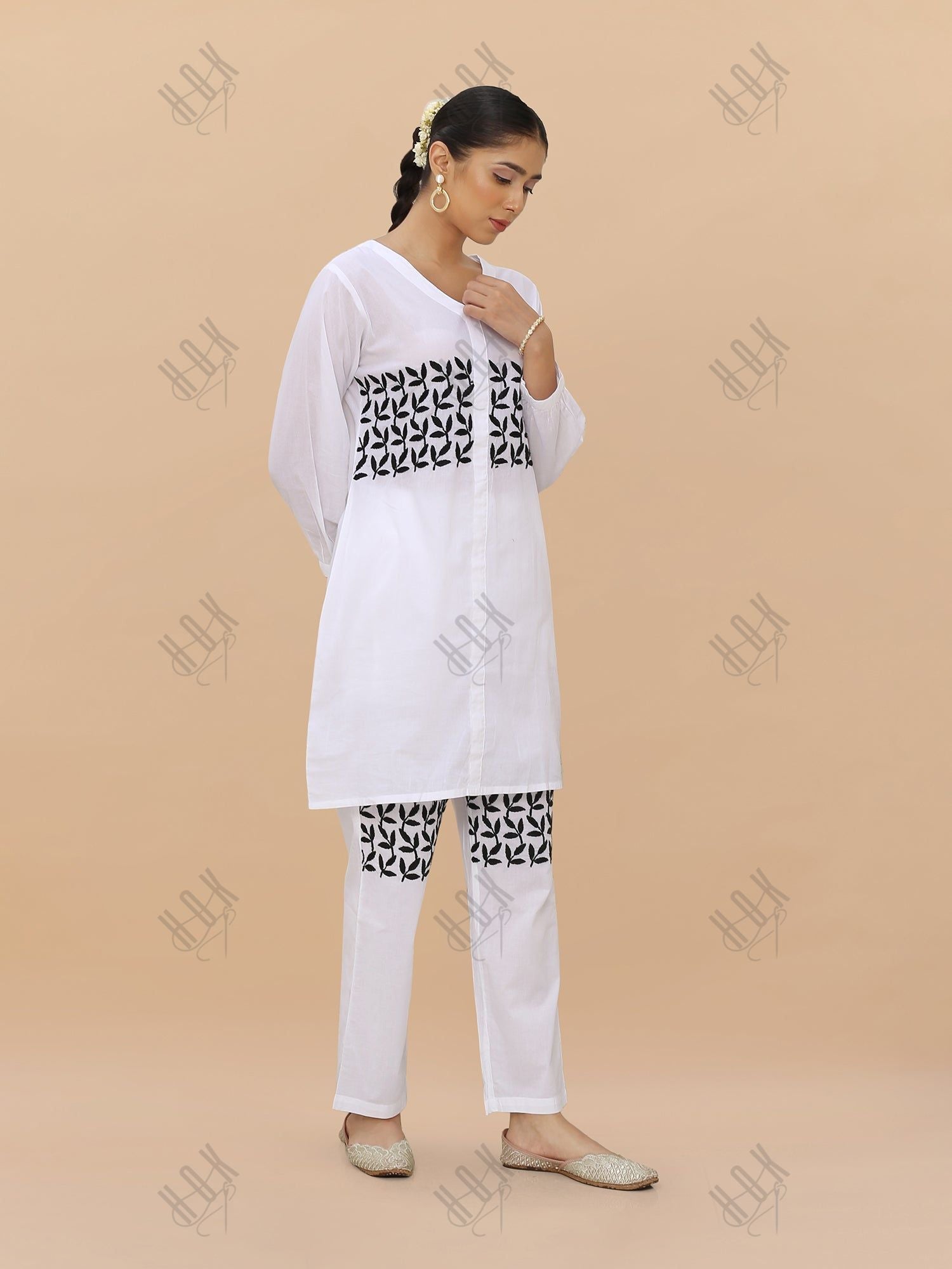 Saba Chikankari Cord Set in Cambric cotton - White with Black