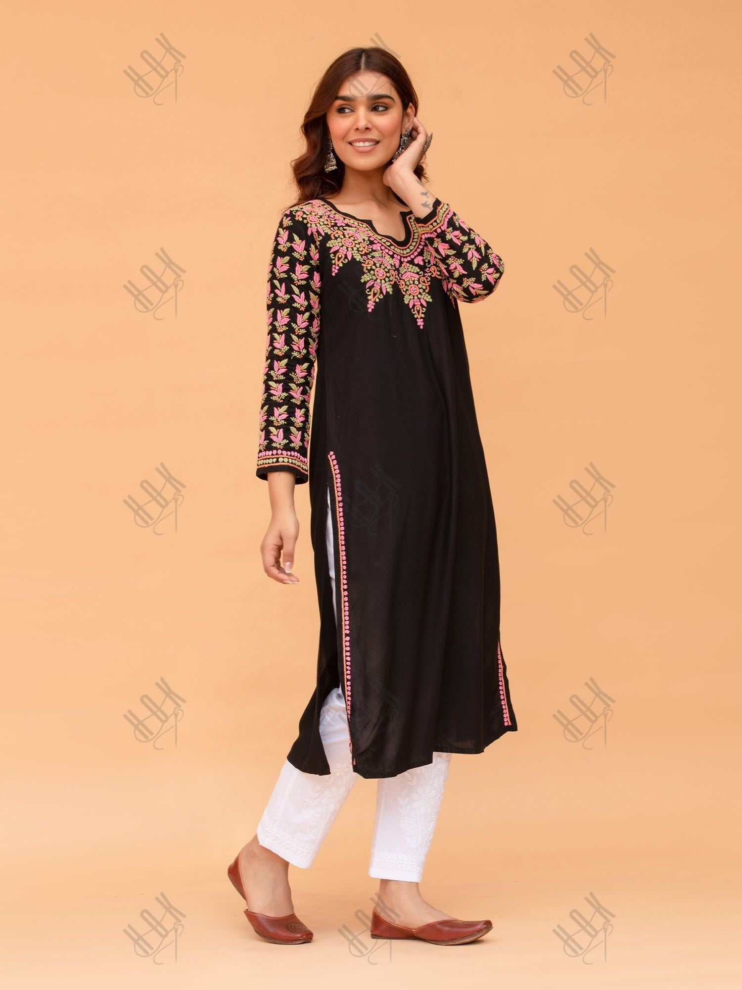 Saba Chikankari Kurta in Rayon Cotton - Black