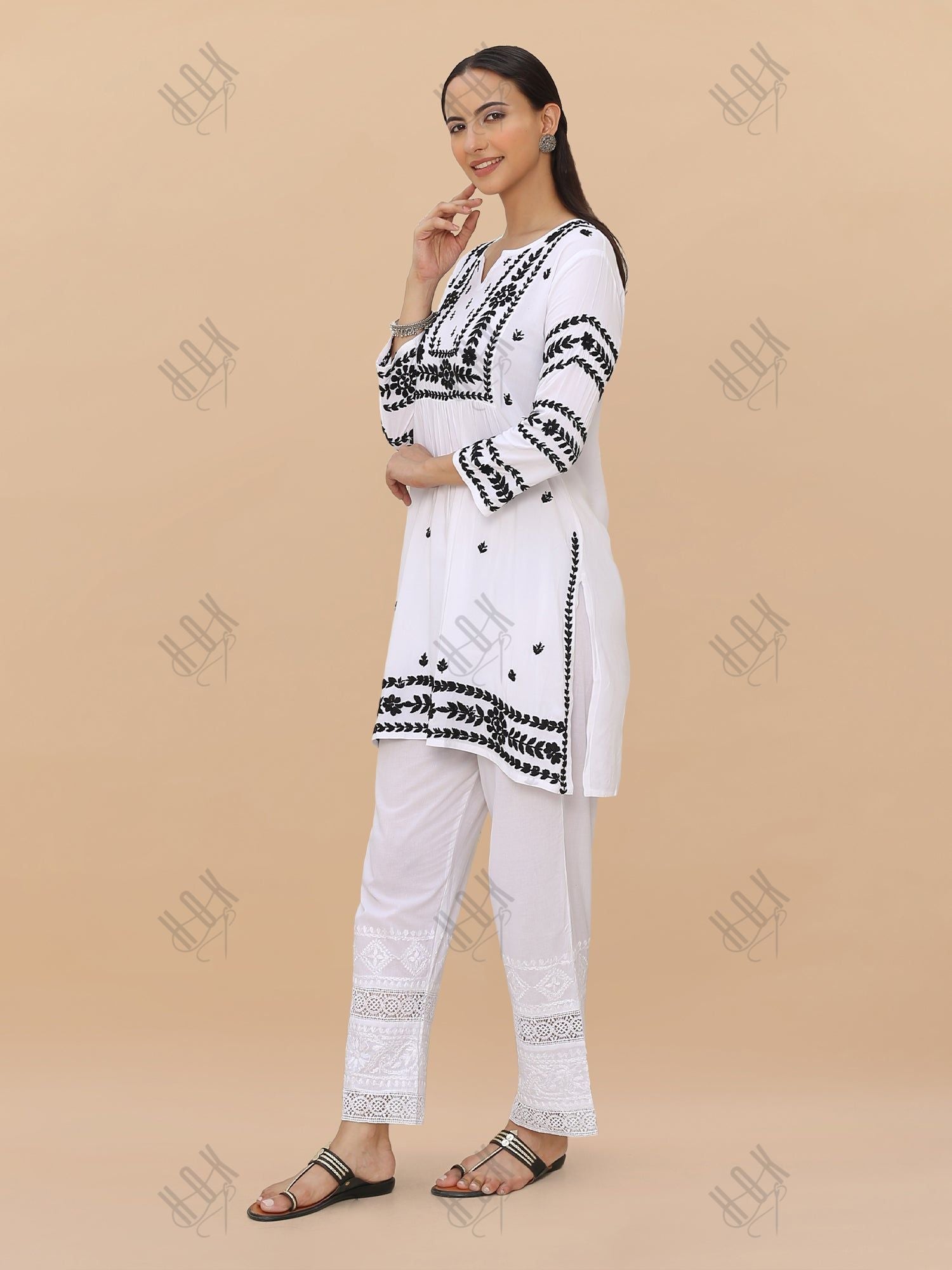 Saba Chikankari Short Kurta in Rayon cotton - White With Black