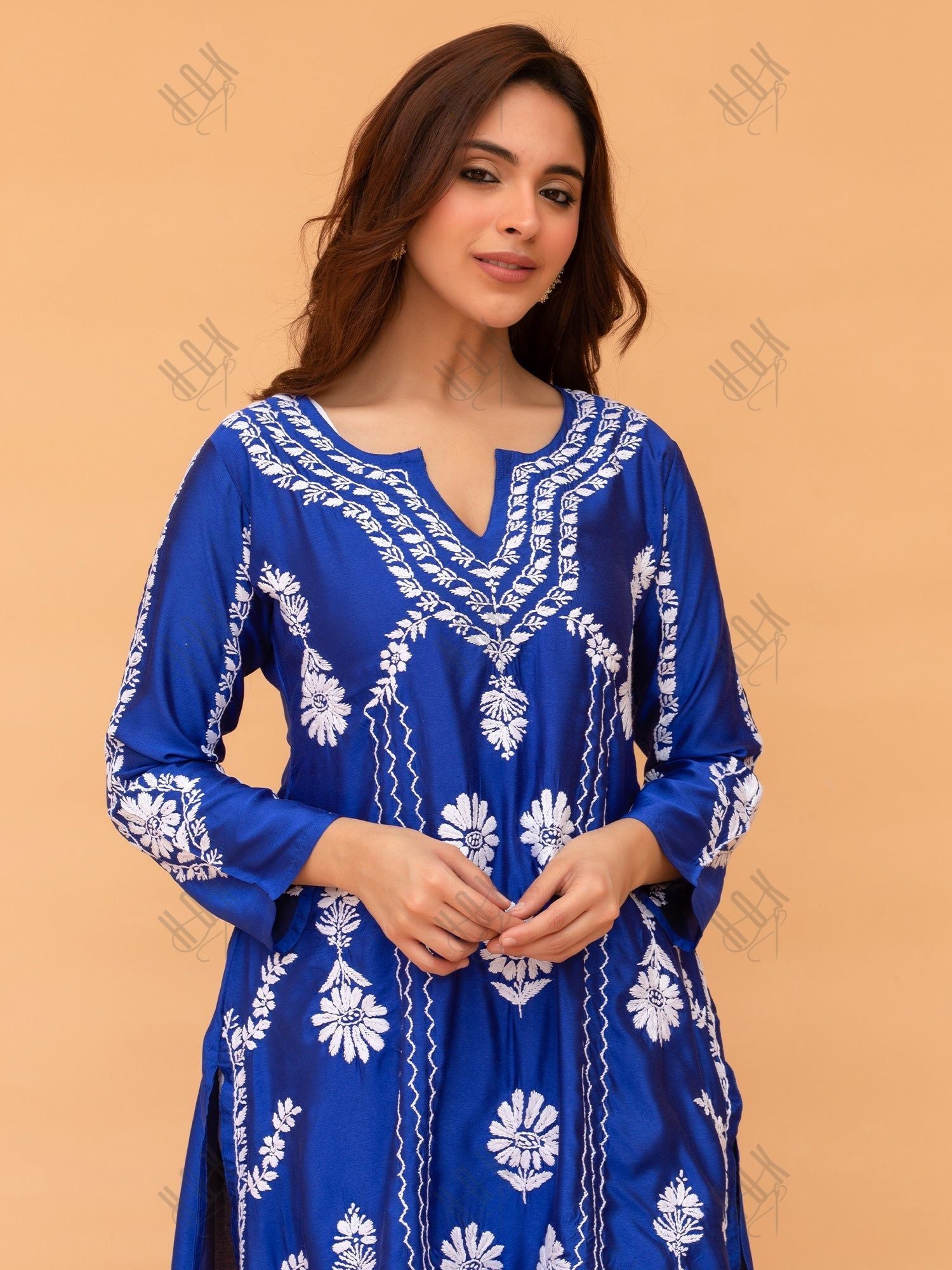 Kanchan in Saba Chikankari Long Kurta in Barfi Silk - Blue