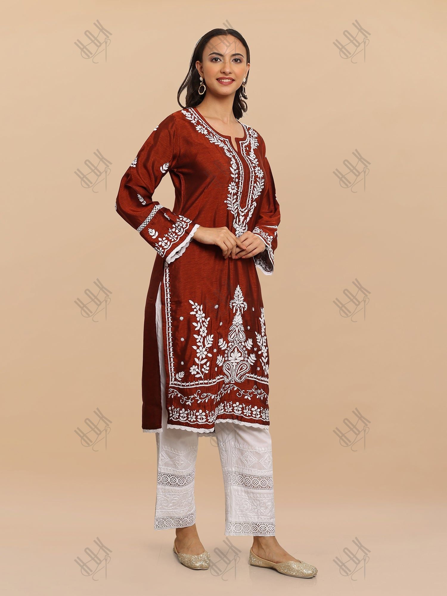 Saba Chikankari Long Kurta in Barfi Silk - Chutney